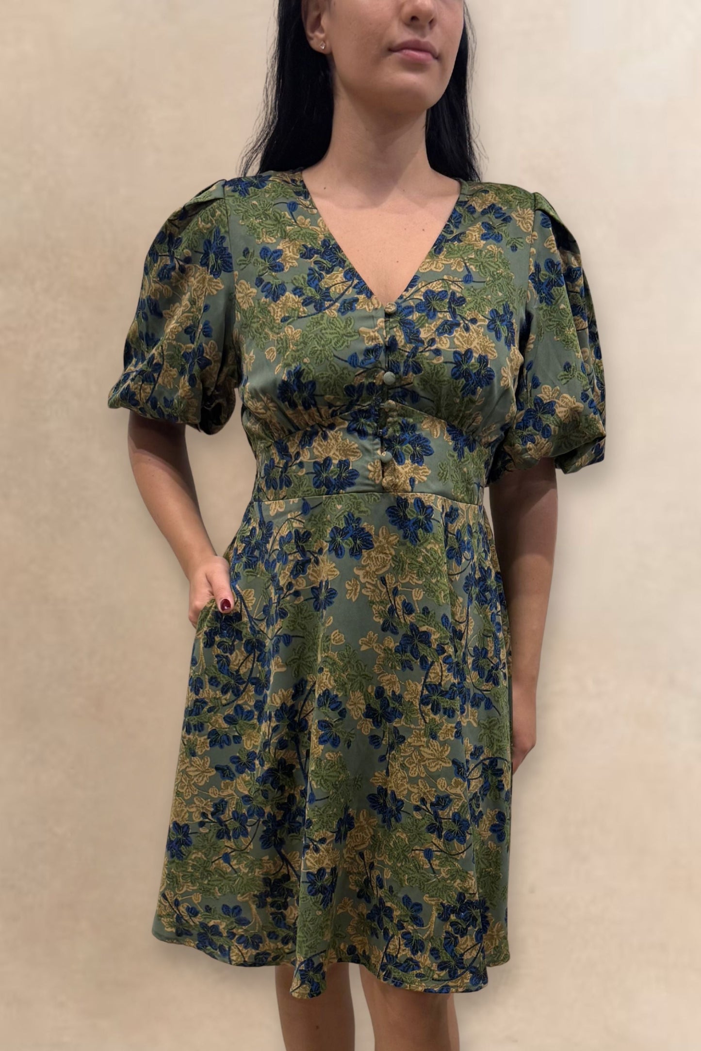 Fleur Green Floral Fit and Flare Dress Flowy Sleeves