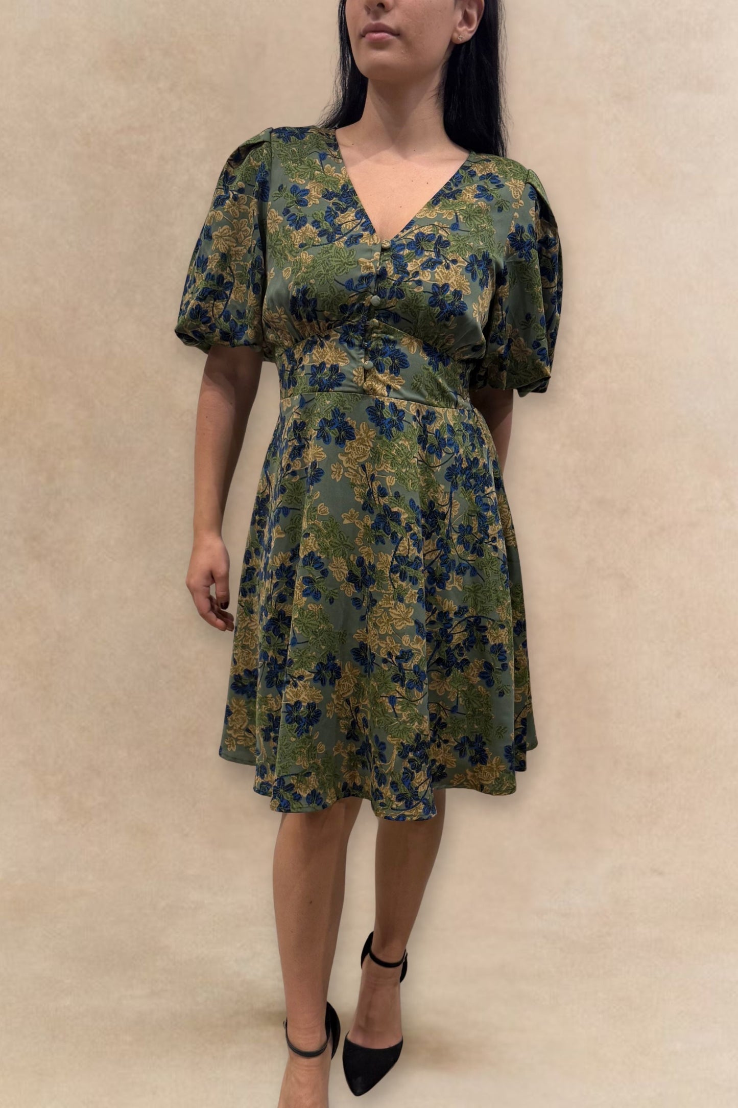 Fleur Green Floral Fit and Flare Dress Flowy Sleeves
