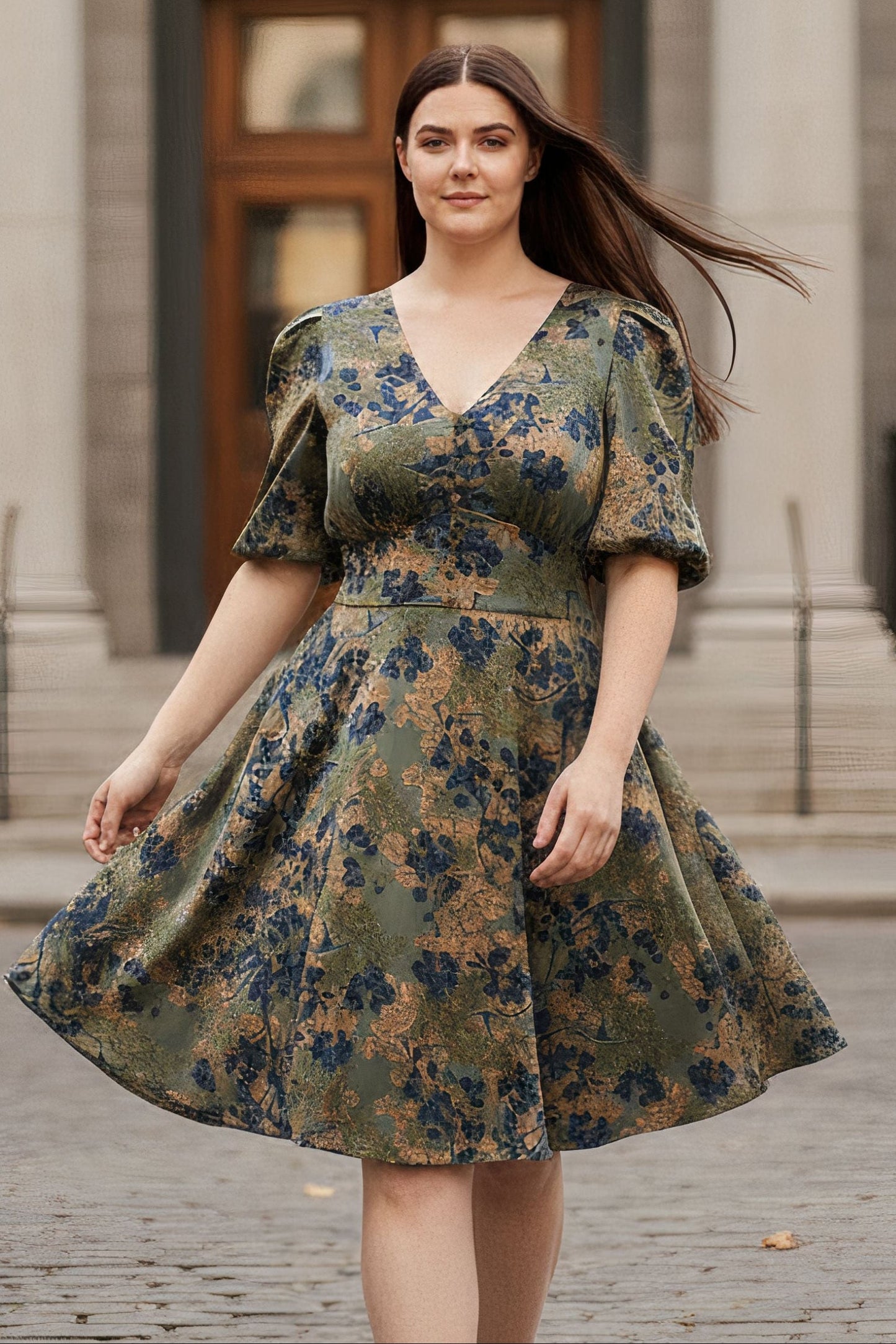 Fleur Green Floral Fit and Flare Dress Flowy Sleeves