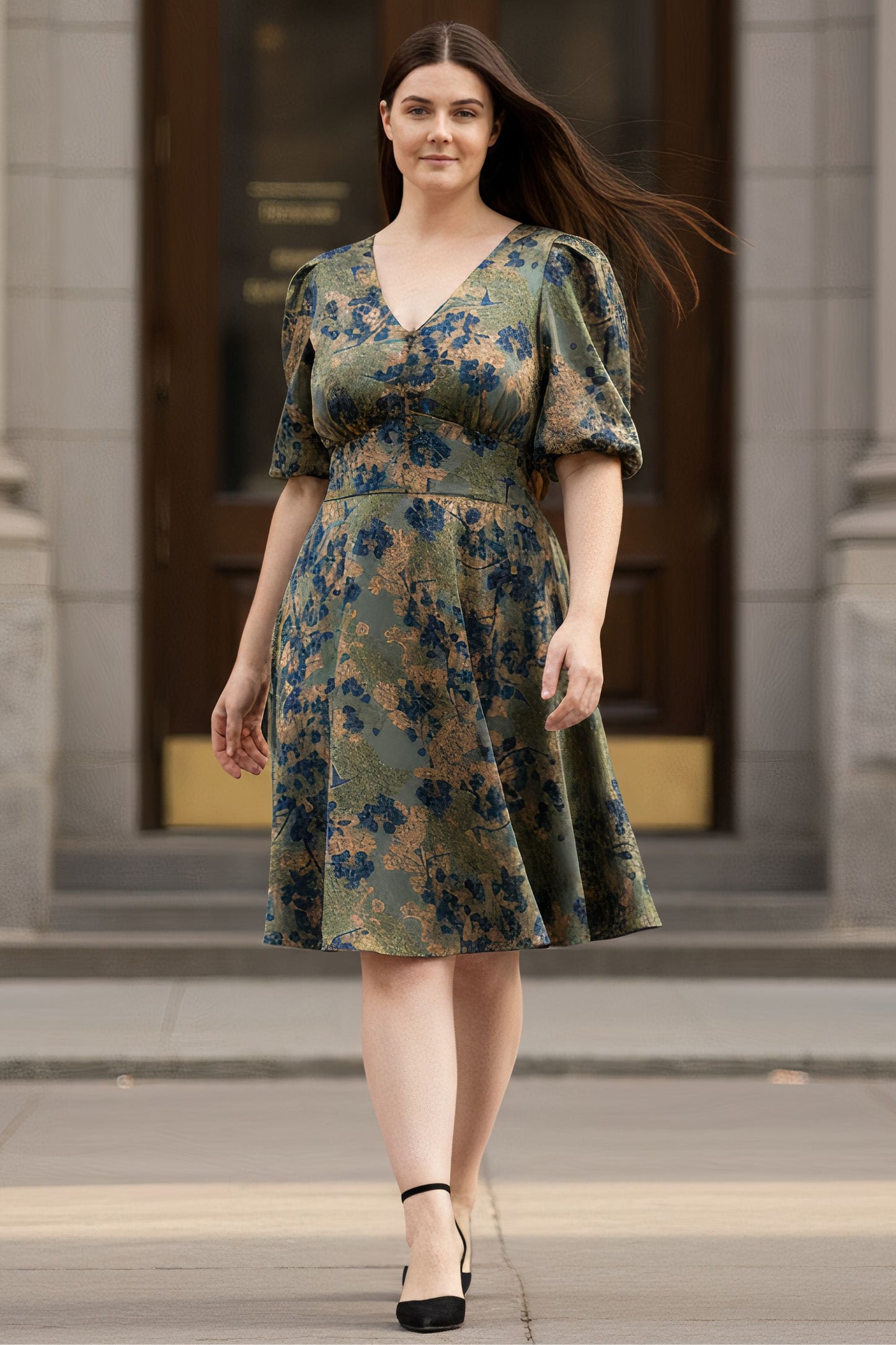 Fleur Green Floral Fit and Flare Dress Flowy Sleeves
