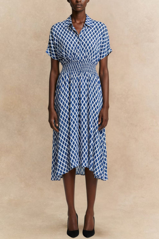 Florence Geometric Print Button Front Shirt Dress Smocked Waist Short Sleeve