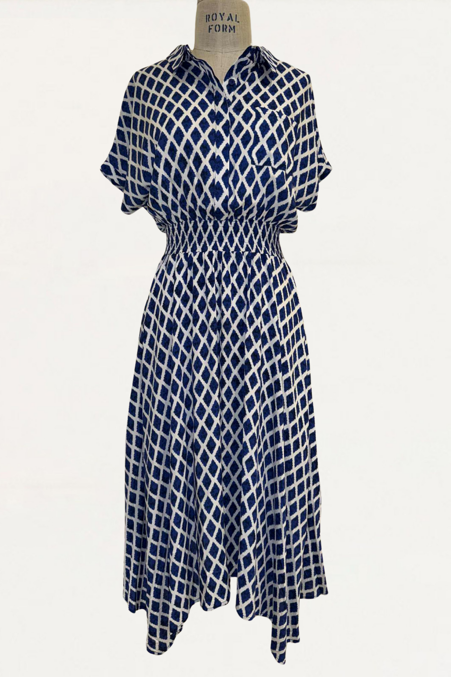 Florence Geometric Print Button Front Shirt Dress Smocked Waist Short Sleeve