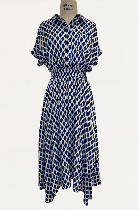 Florence Geometric Print Button Front Shirt Dress Smocked Waist Short Sleeve