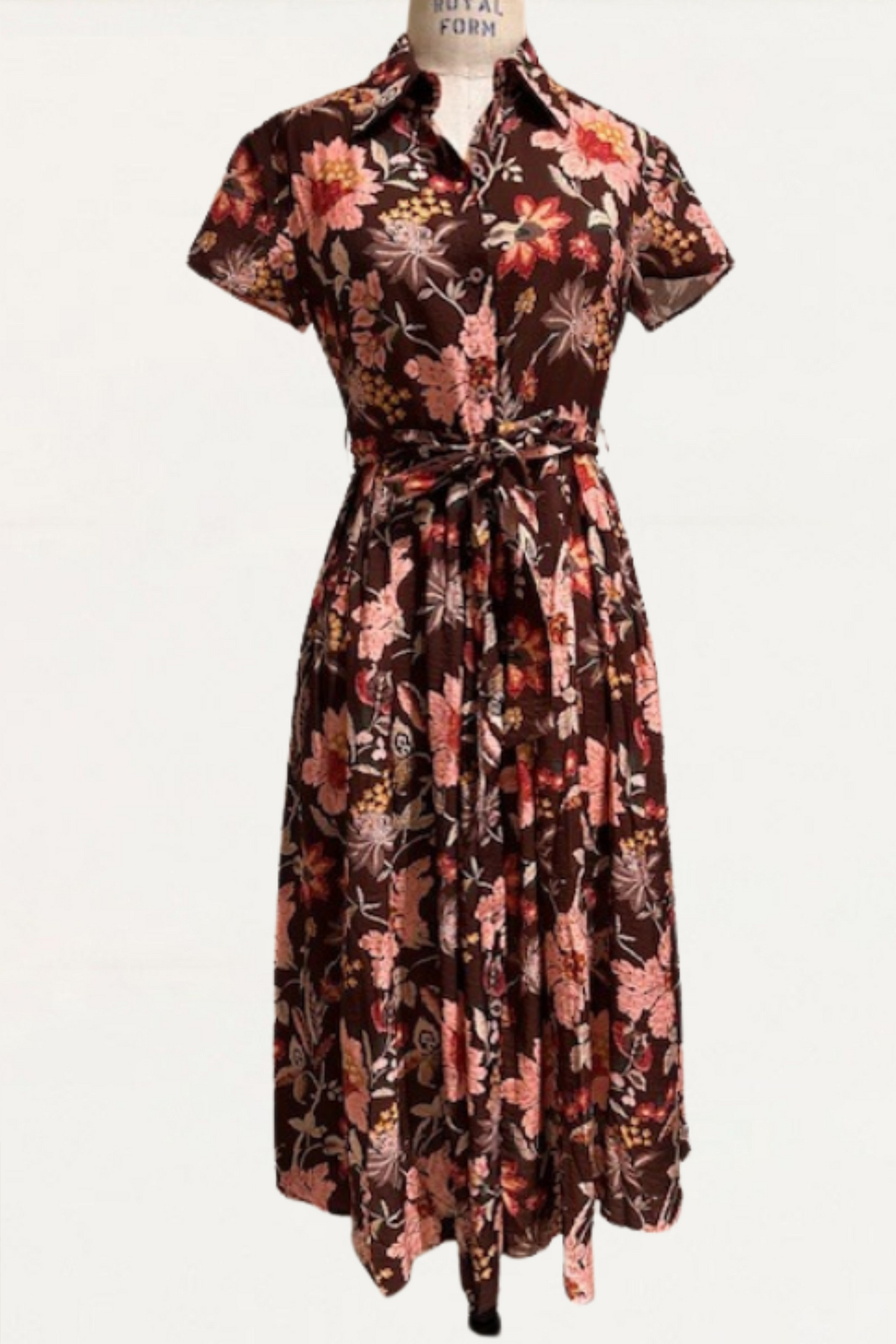 Augustine Midi Shirt Dress Floral Print Button Front Tie Waist Short Sleeve