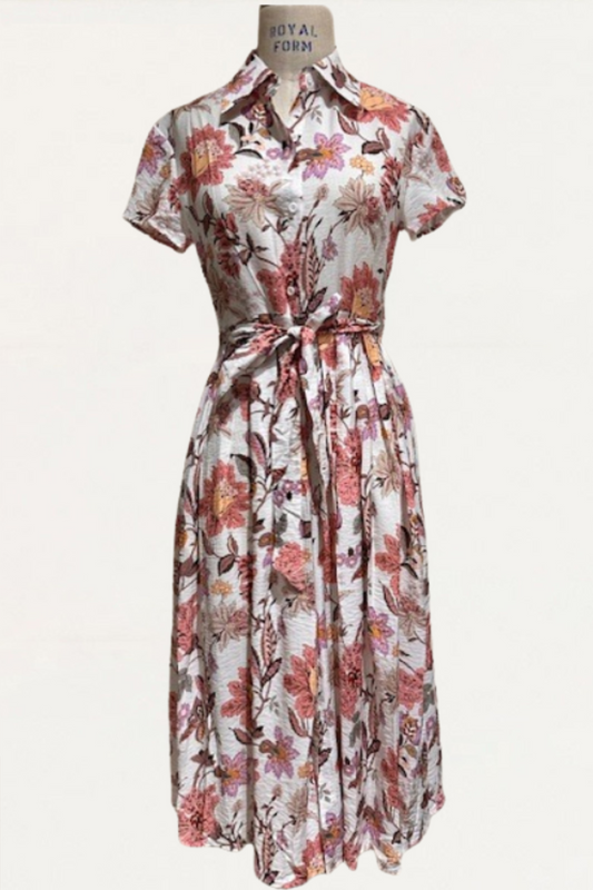Augustine Midi Shirt Dress Floral Print Button Front Tie Waist Short Sleeve