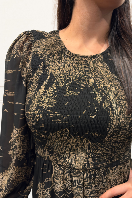 Francesca Women's Smocked Black Midi Dress Bronze Forest Print