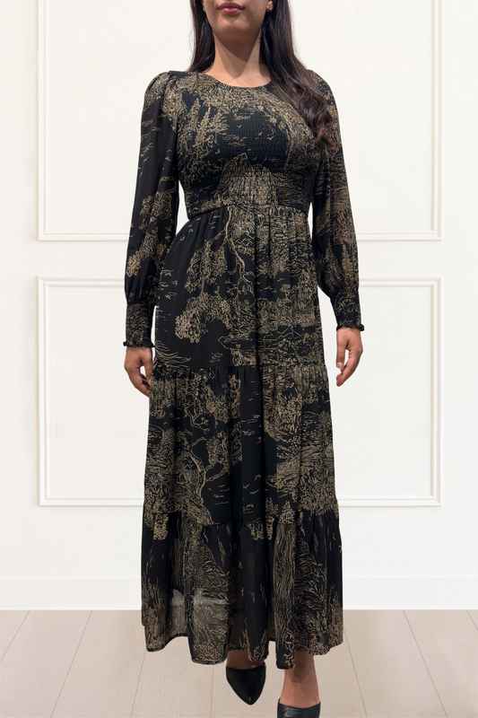 Francesca Women's Smocked Black Midi Dress Bronze Forest Print