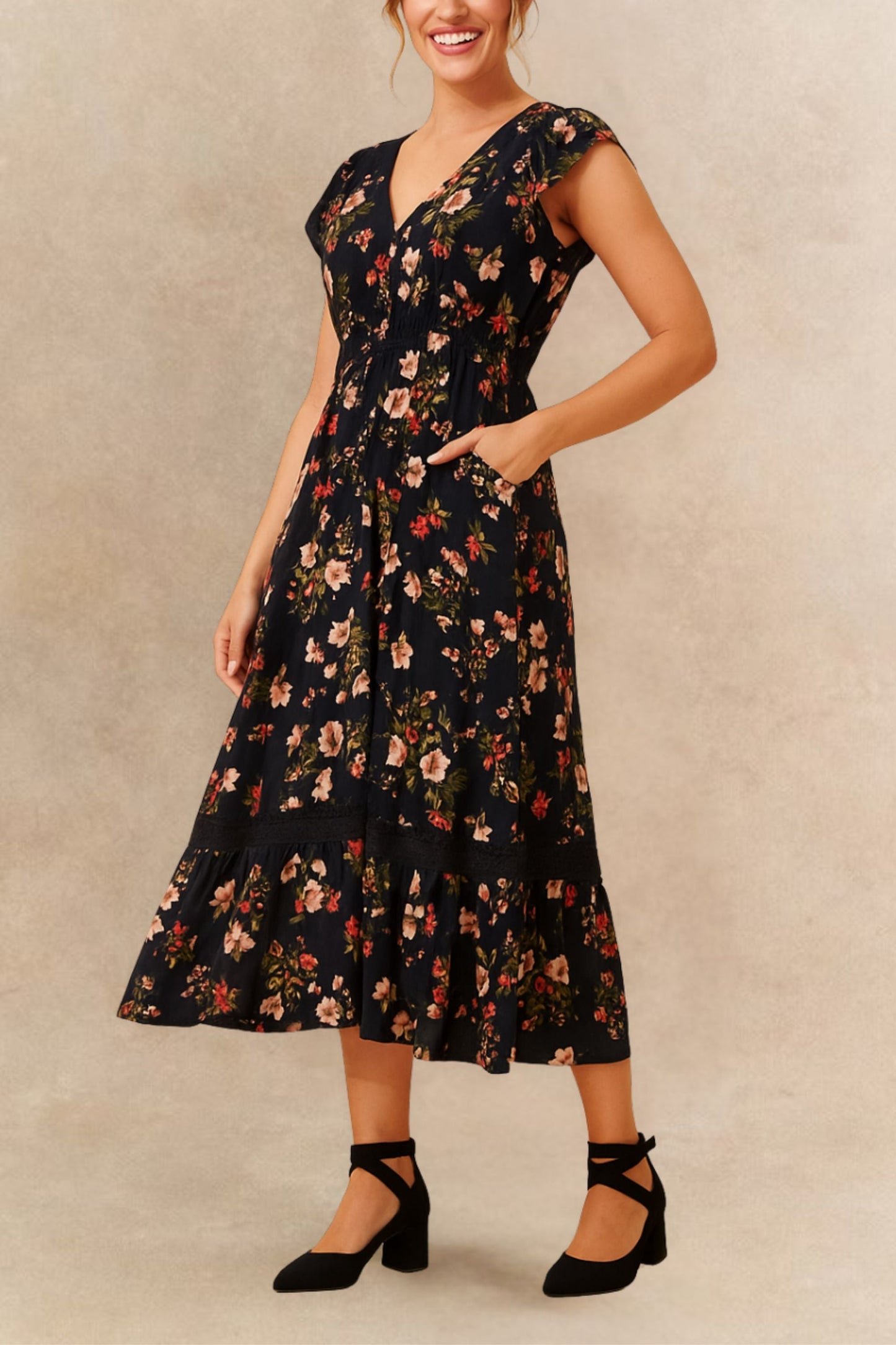 Garance Floral Button-Front Midi Dress with Short Sleeves