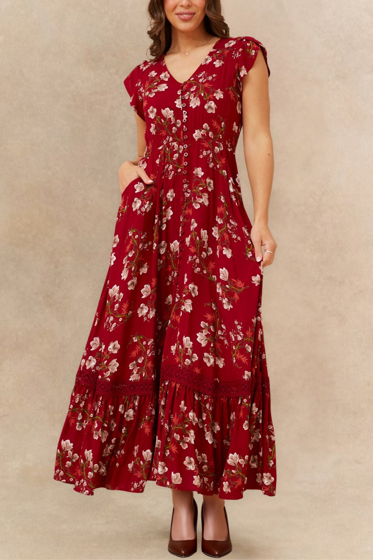 Garance Floral Button-Front Midi Dress with Short Sleeves