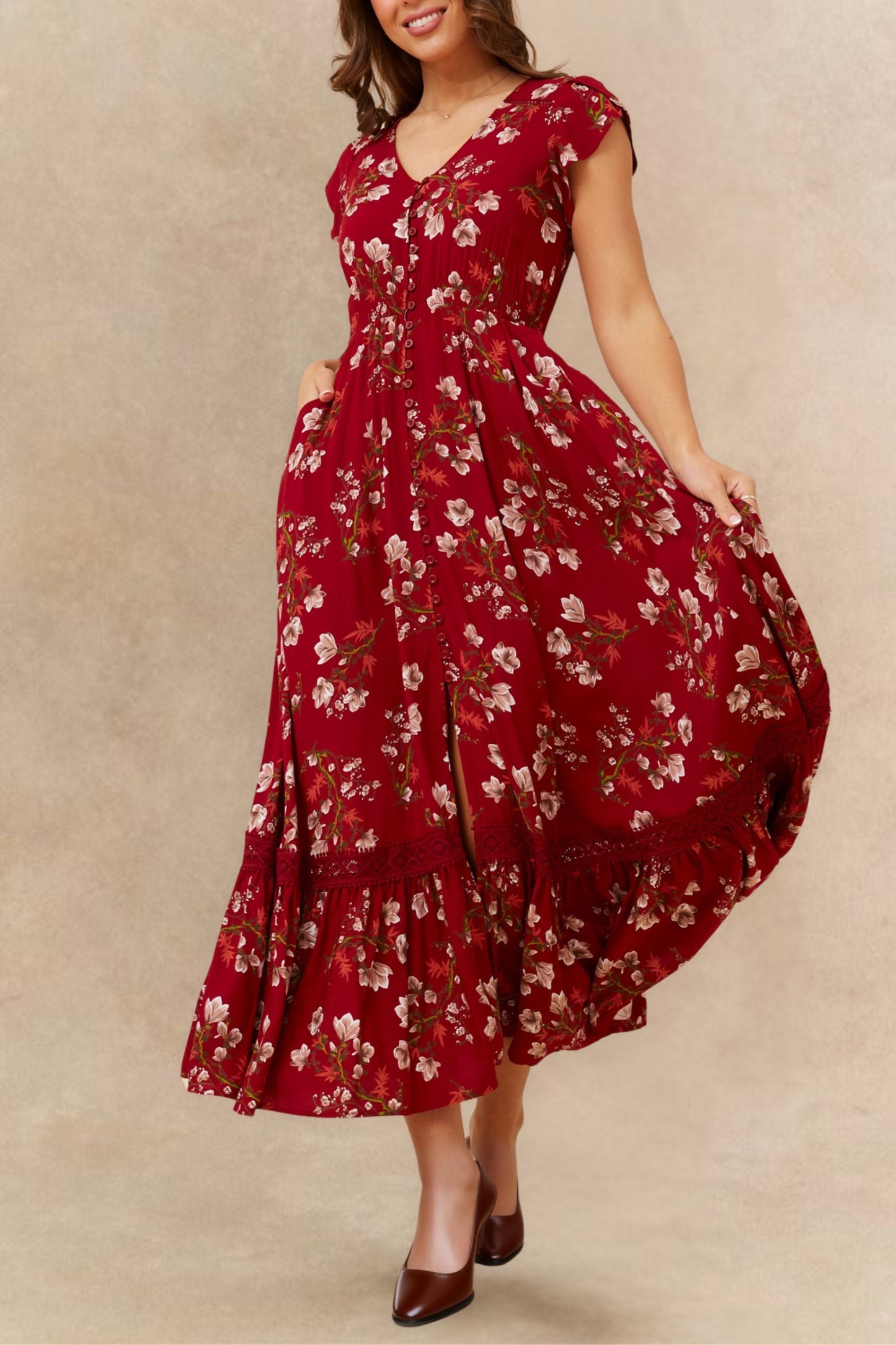 Garance Floral Button-Front Midi Dress with Short Sleeves