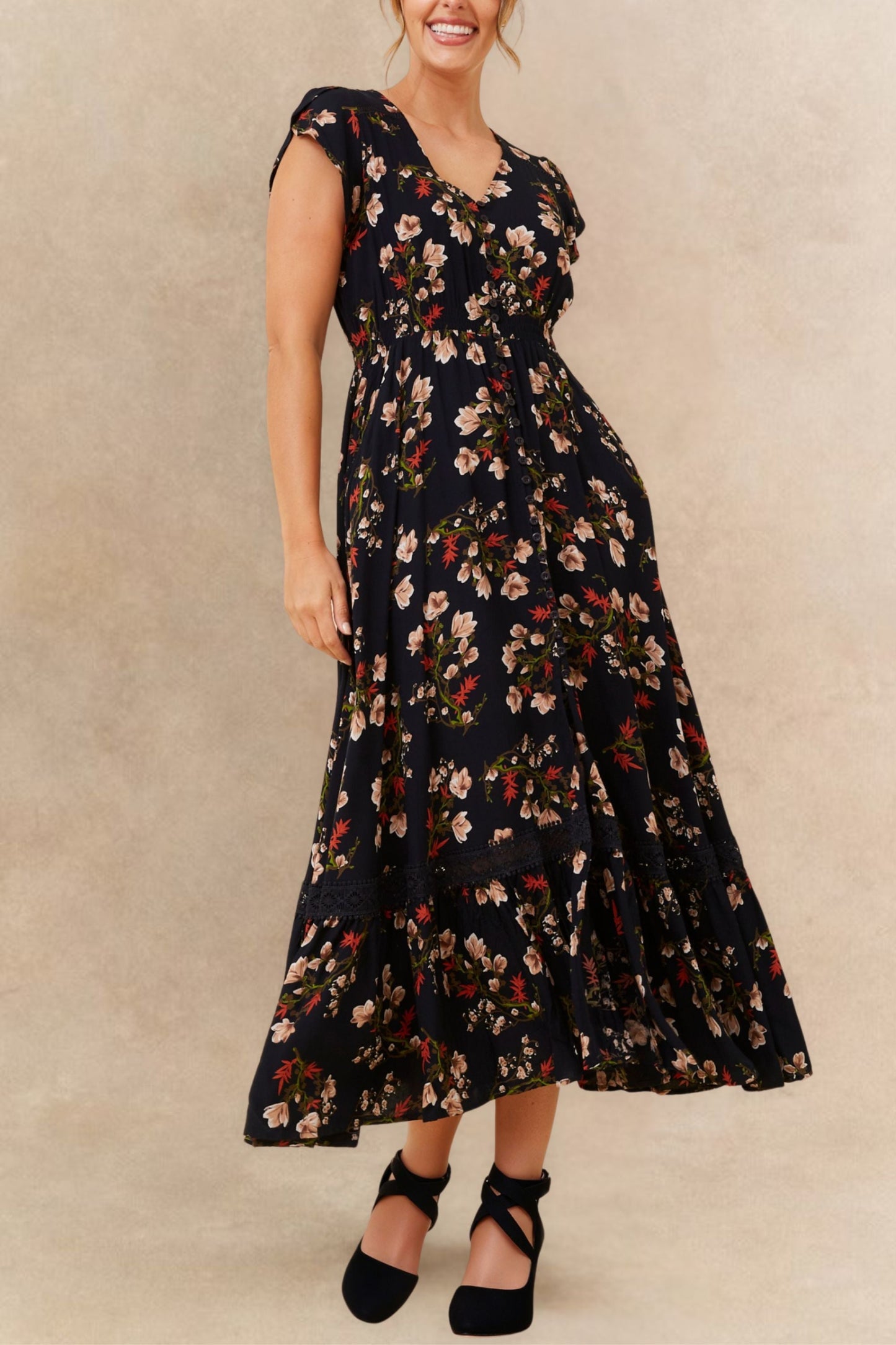 Garance Floral Button-Front Midi Dress with Short Sleeves