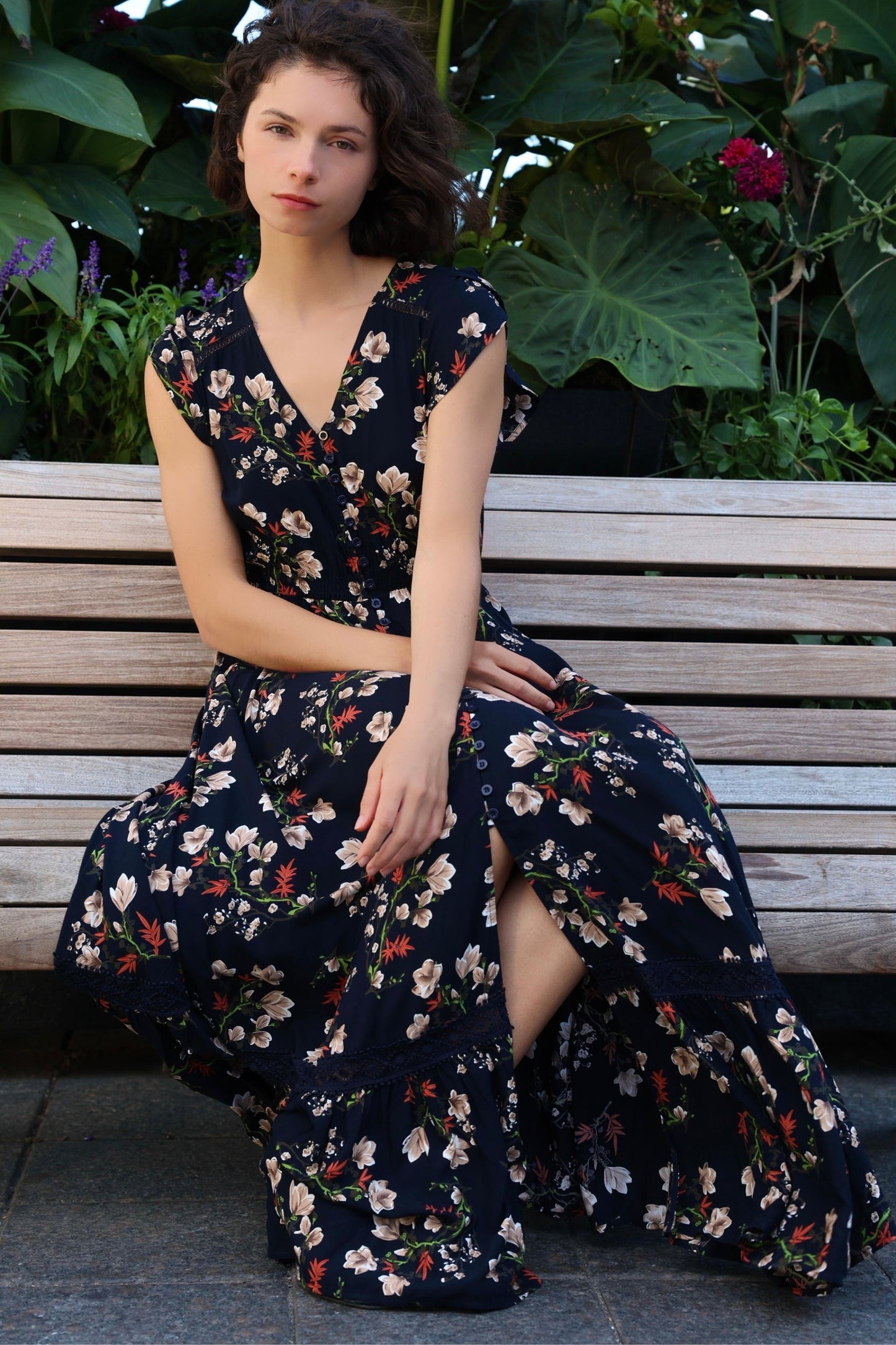 Garance Floral Button-Front Midi Dress with Short Sleeves