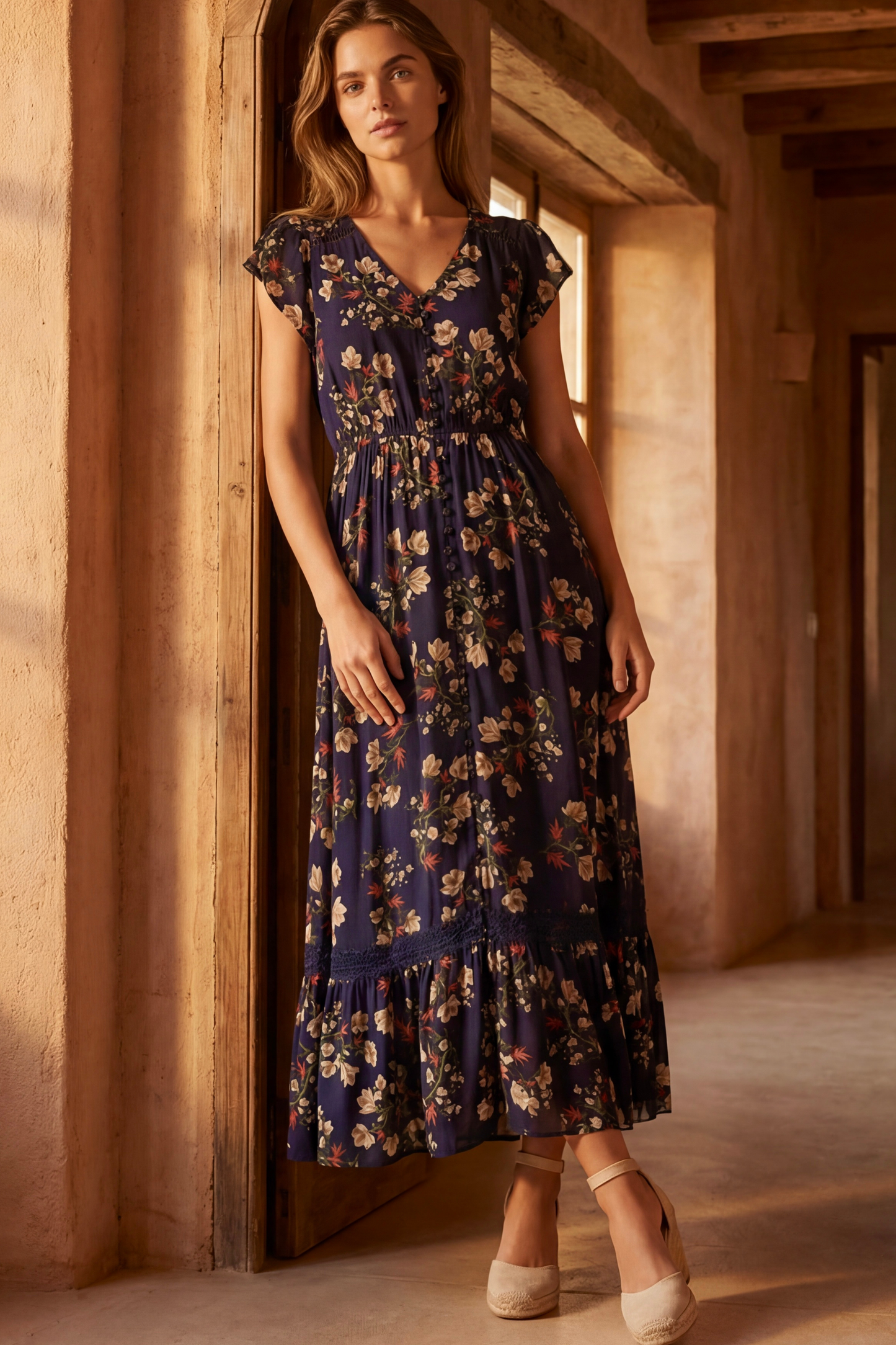 Garance Floral Button-Front Midi Dress with Short Sleeves