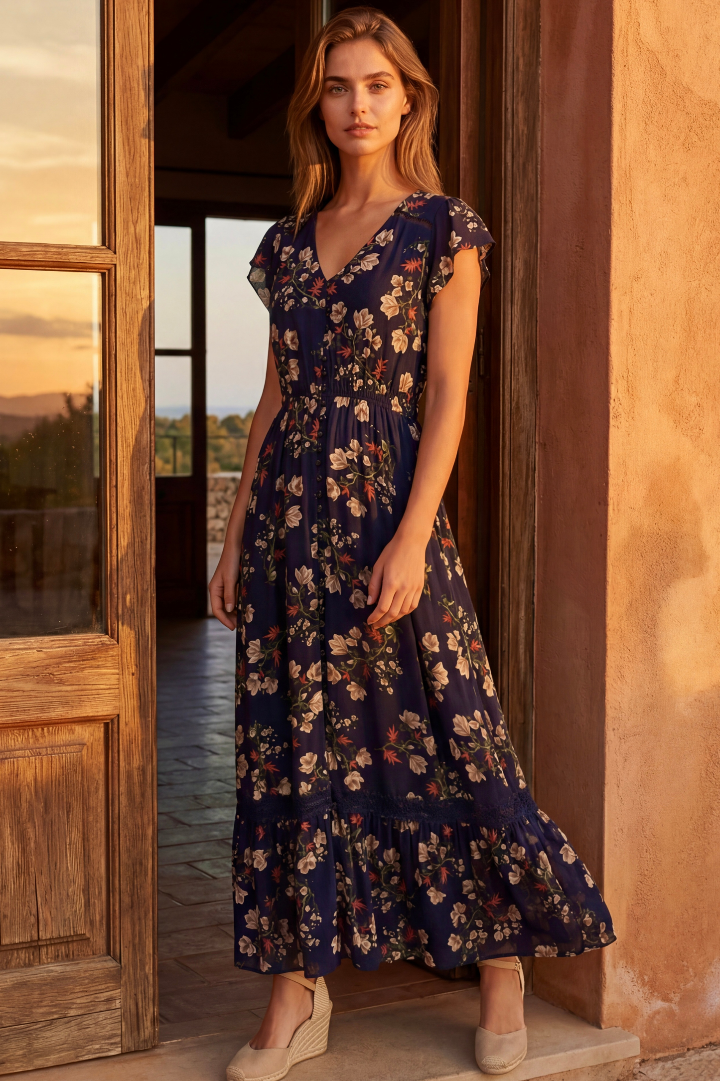 Garance Floral Button-Front Midi Dress with Short Sleeves
