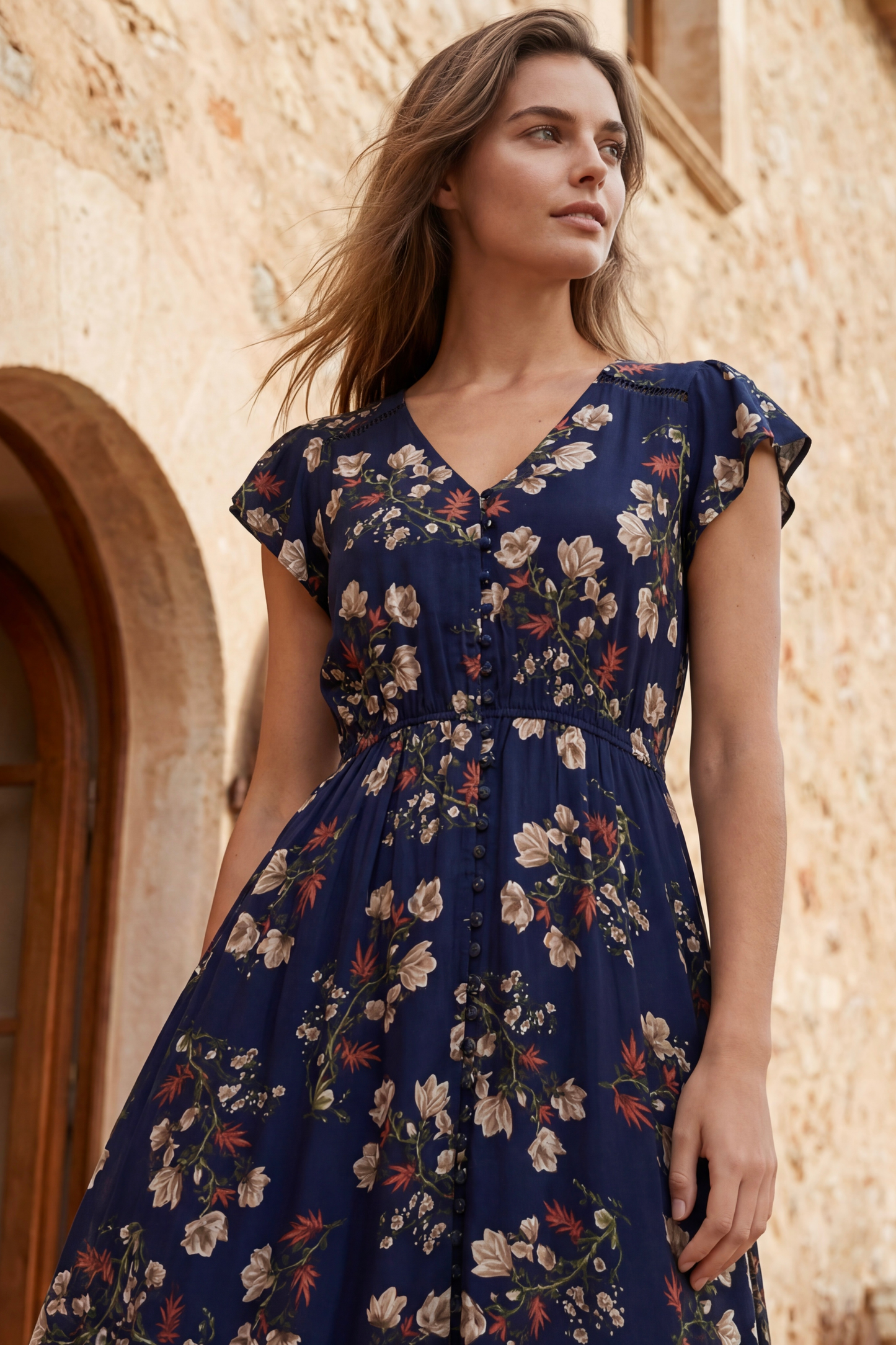 Garance Floral Button-Front Midi Dress with Short Sleeves