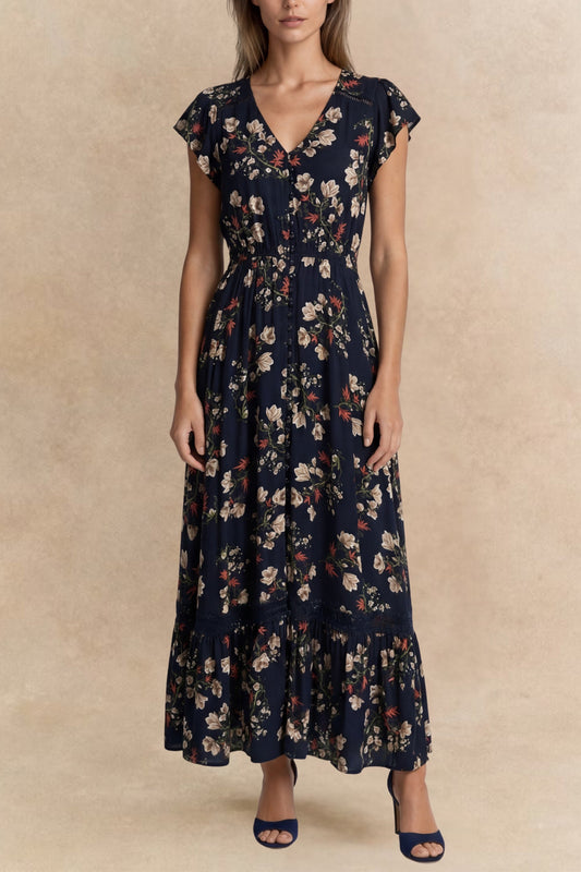 Garance Floral Button-Front Midi Dress with Short Sleeves