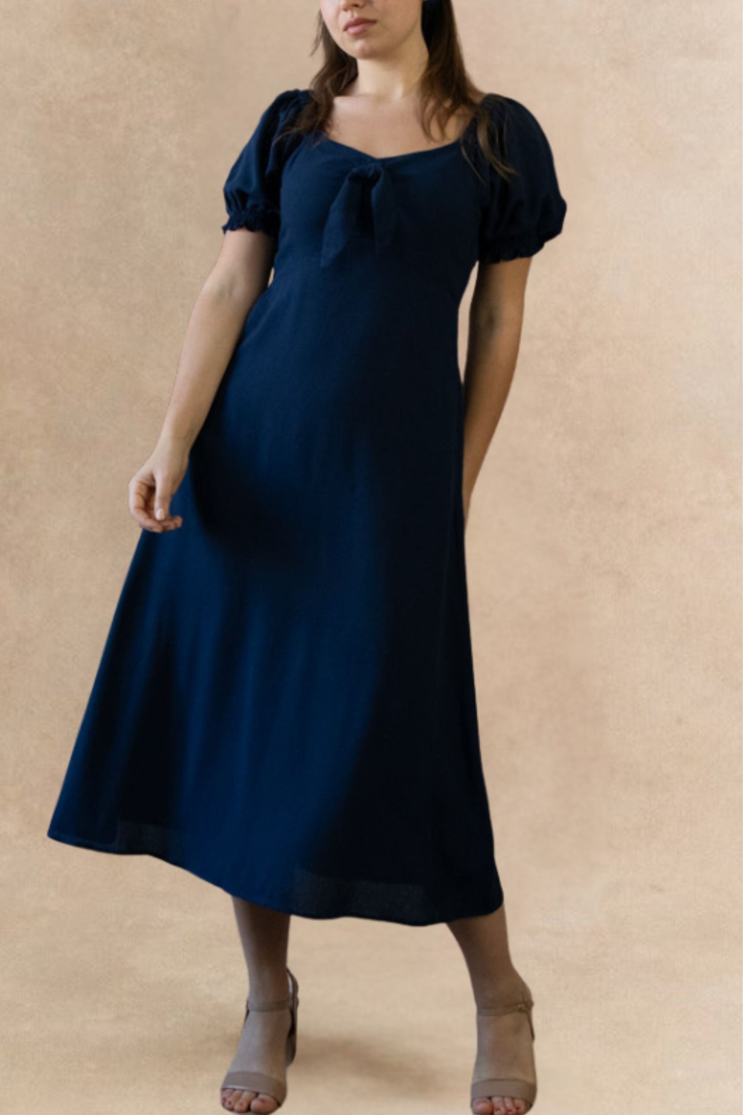 Genevieve Midi Dress Square Neck Fit and Flare Bow Front Retro