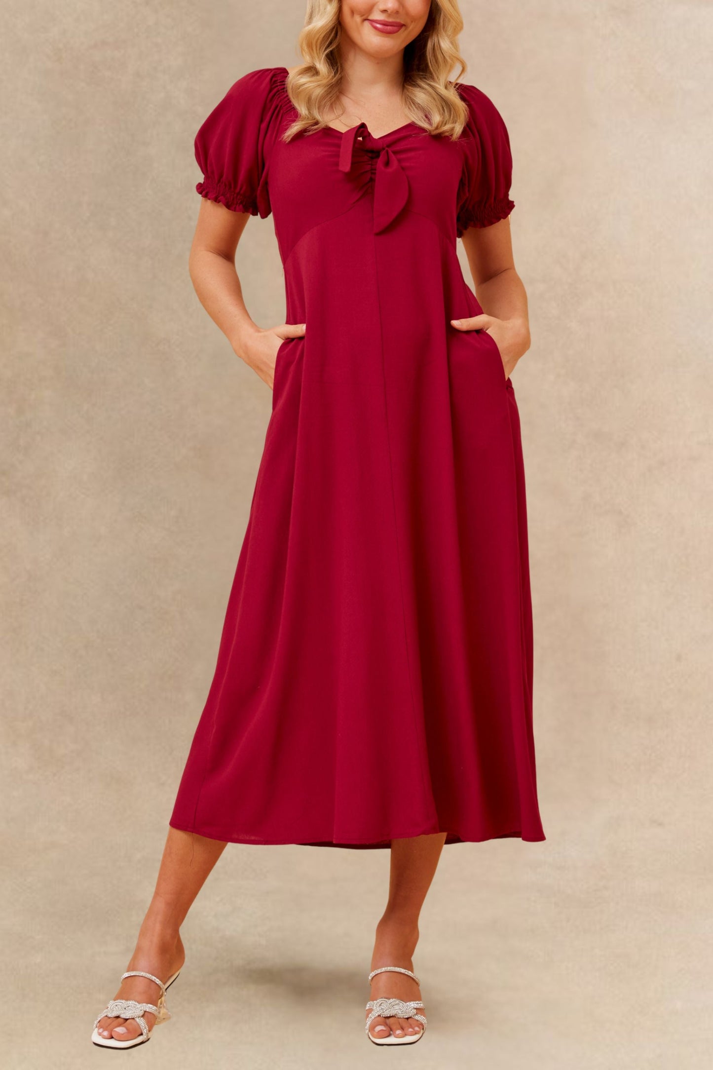 Genevieve Midi Dress Square Neck Fit and Flare Bow Front Retro