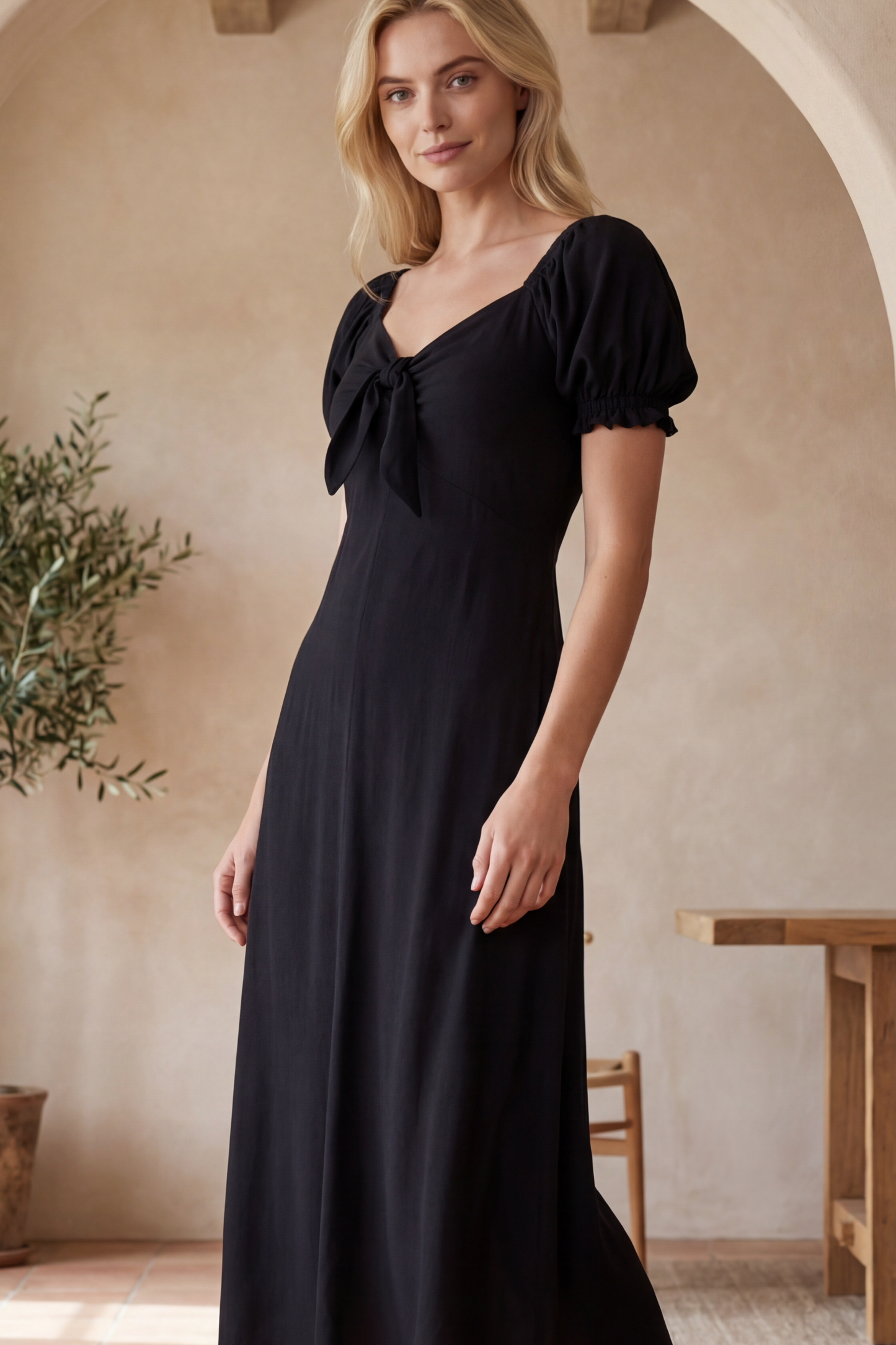 Genevieve Midi Dress Short Sleeves Front Tie