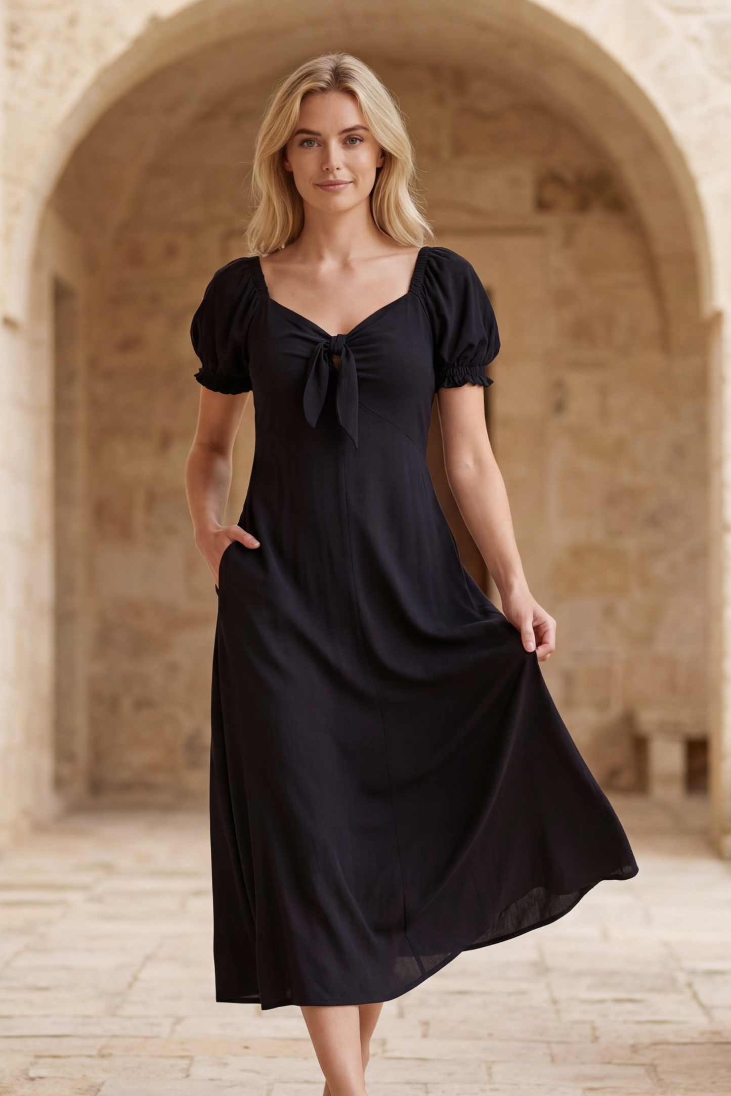 Genevieve Midi Dress Short Sleeves Front Tie