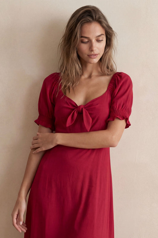 Genevieve Midi Dress Short Sleeves Front Tie