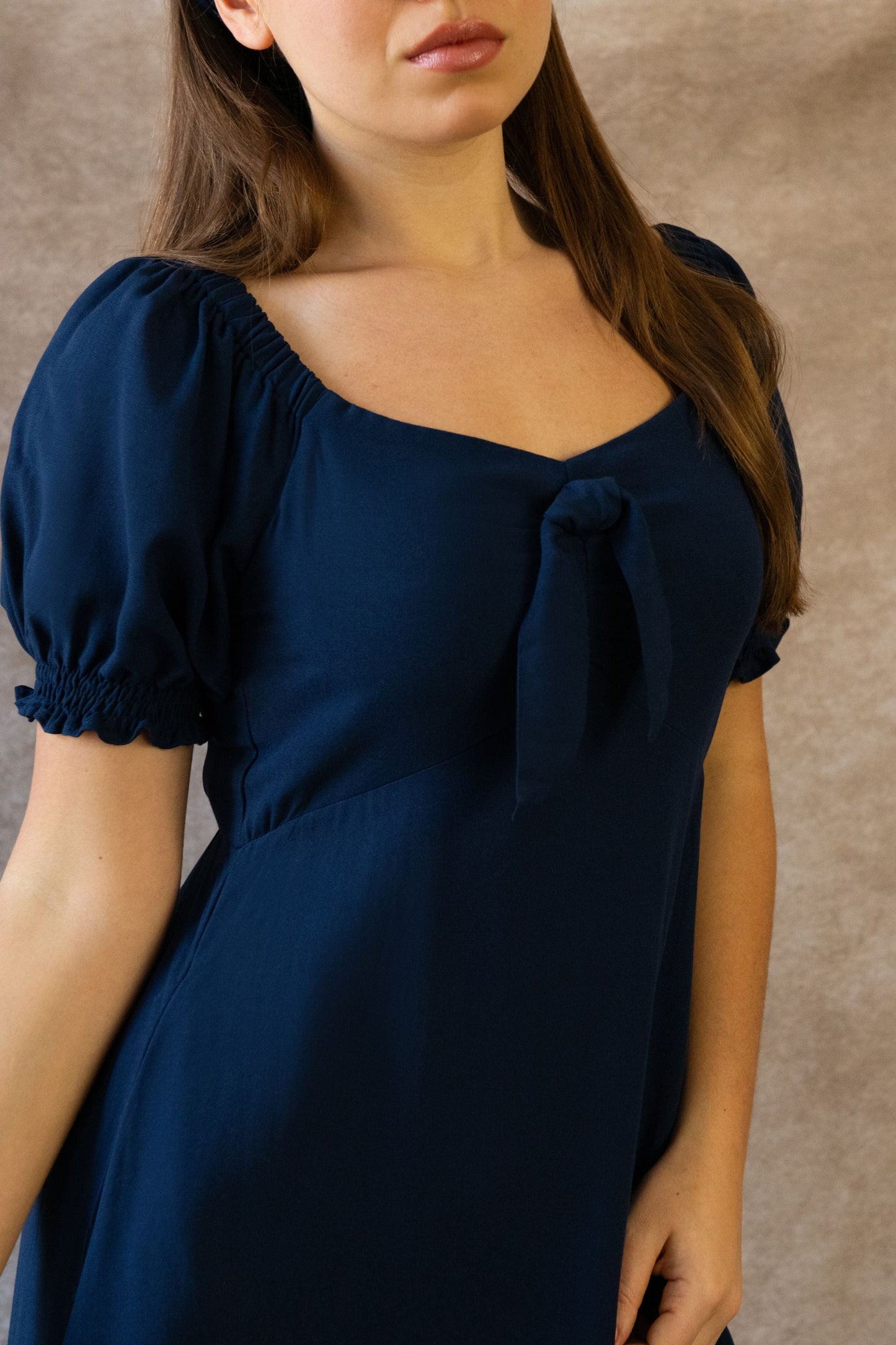 Genevieve Midi Dress Square Neck Fit and Flare Bow Front Retro