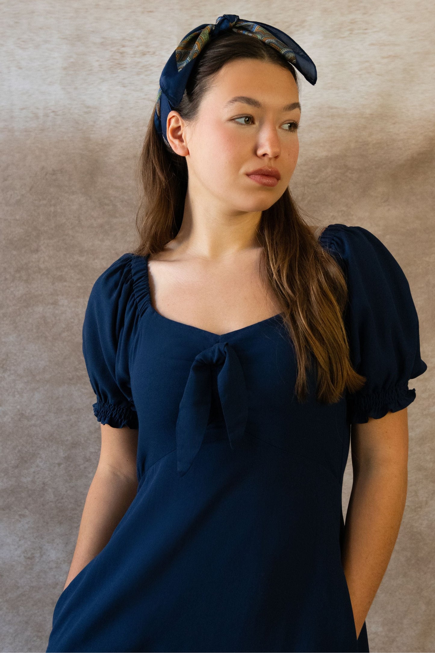 Genevieve Midi Dress Square Neck Fit and Flare Bow Front Retro