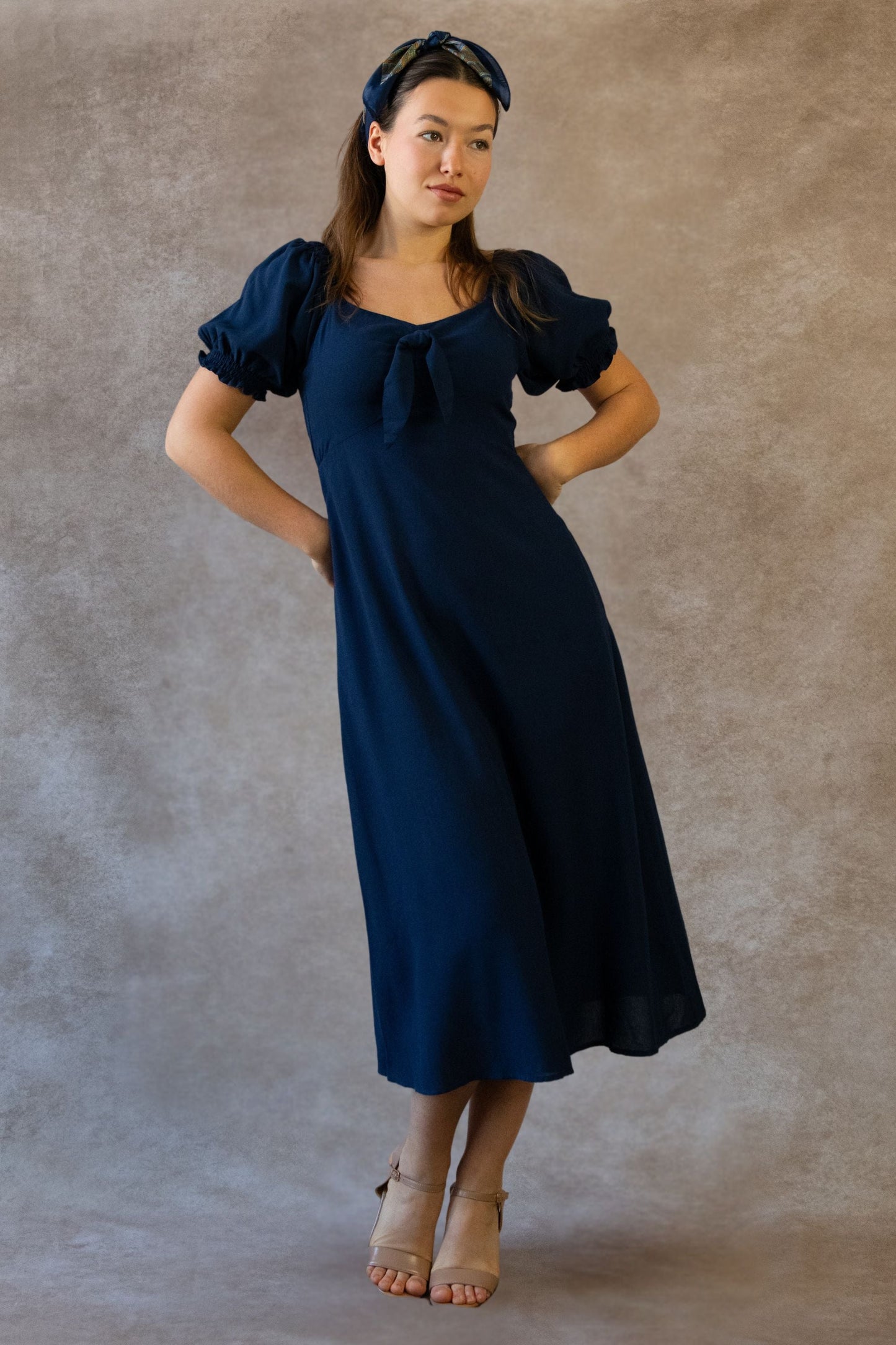 Genevieve Midi Dress Square Neck Fit and Flare Bow Front Retro