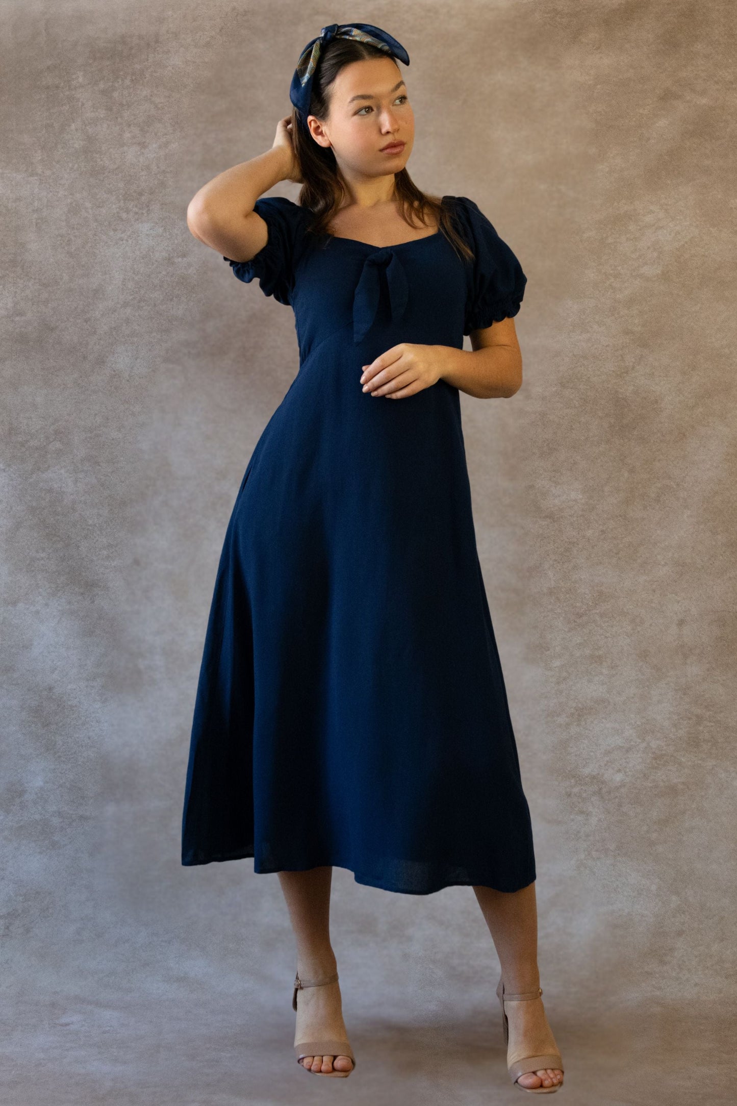 Genevieve Midi Dress Square Neck Fit and Flare Bow Front Retro