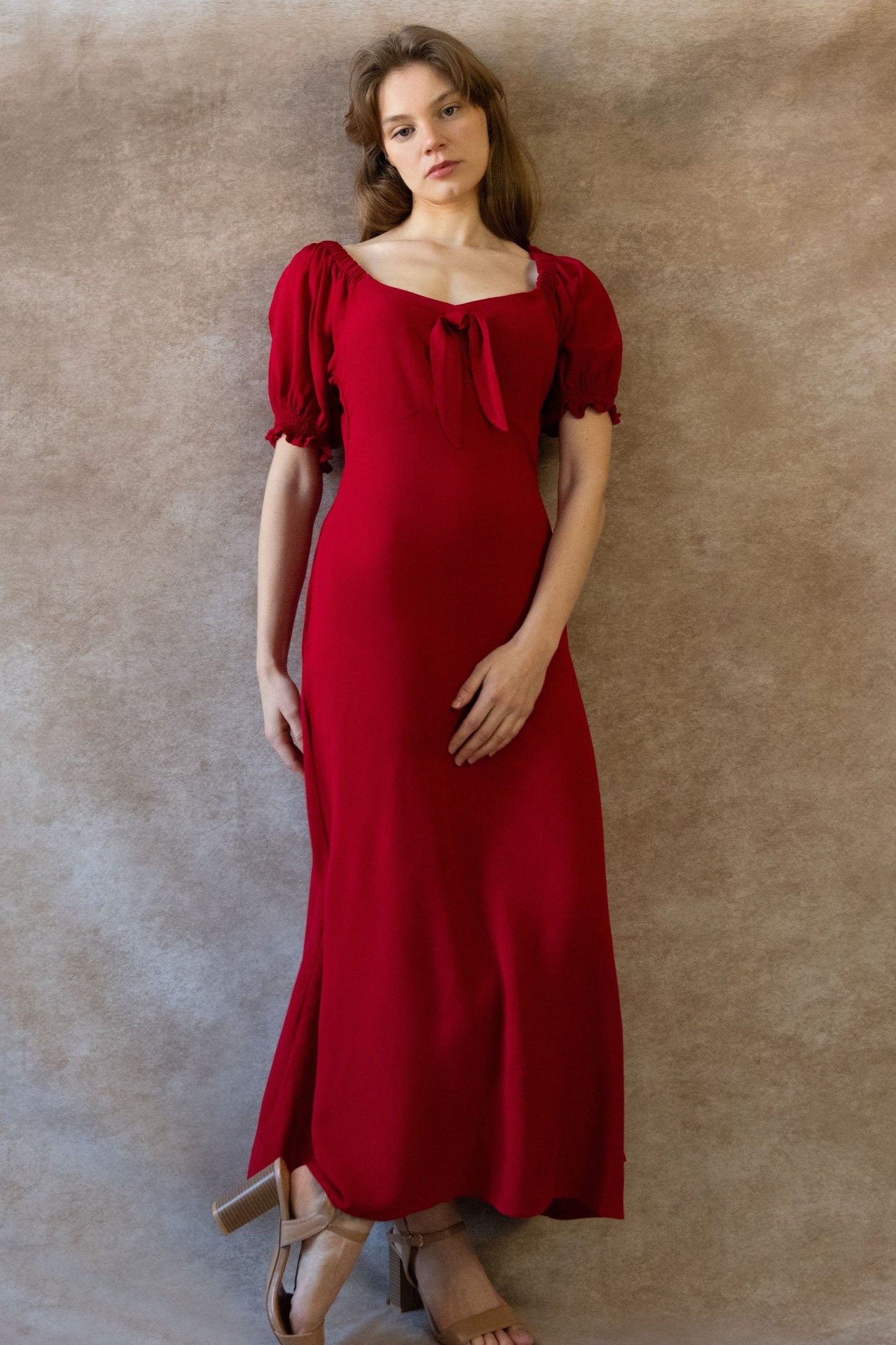 Genevieve Midi Dress Square Neck Fit and Flare Bow Front Retro