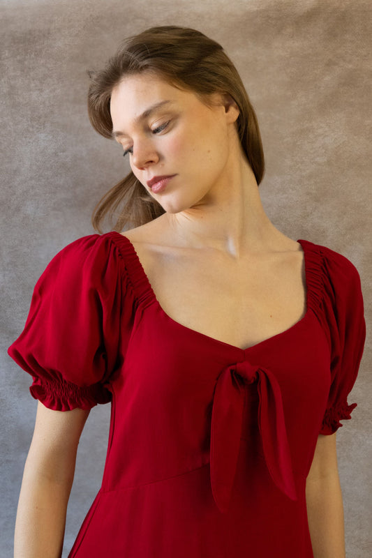 Genevieve Midi Dress Square Neck Fit and Flare Bow Front Retro