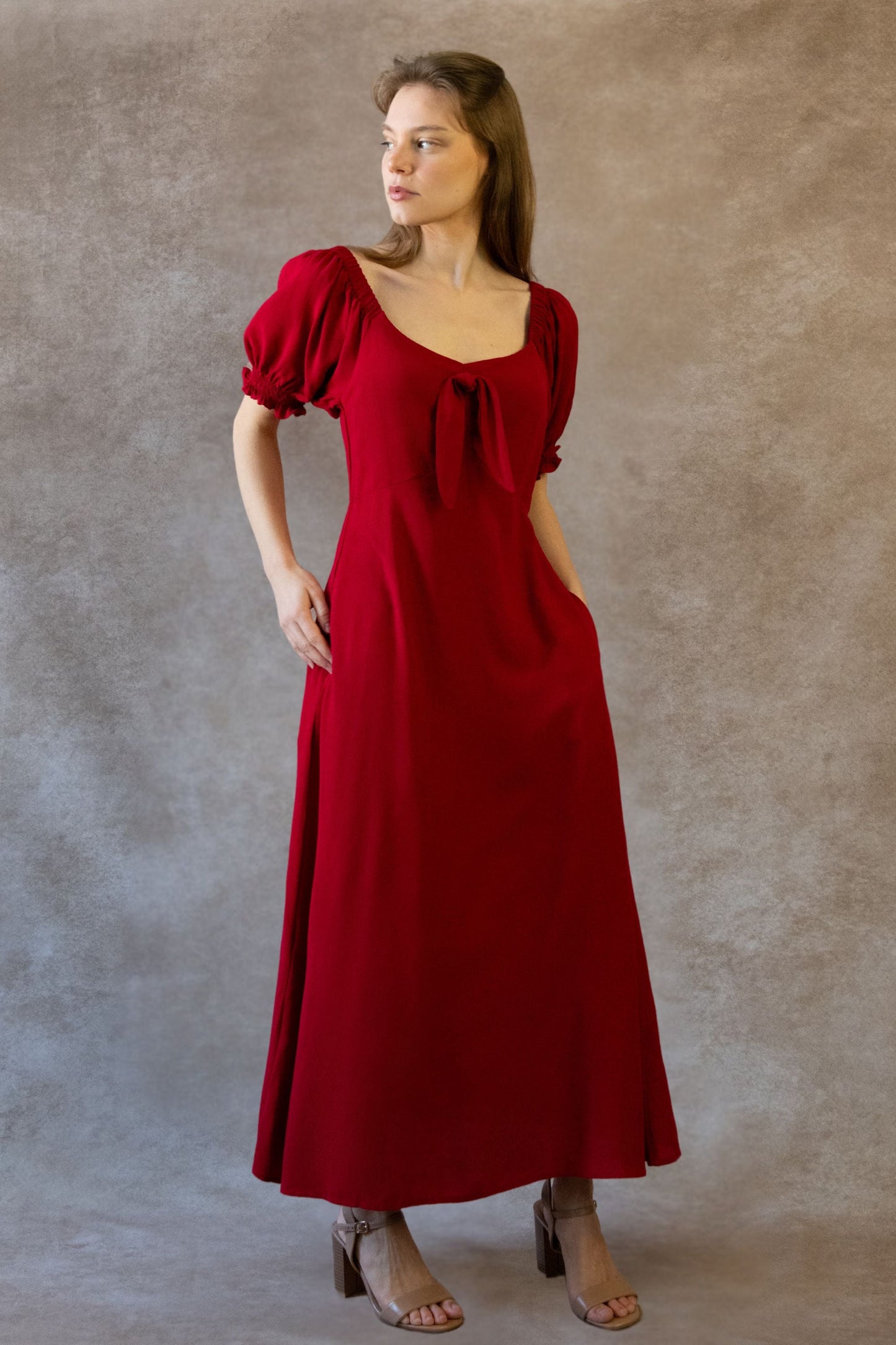 Genevieve Midi Dress Square Neck Fit and Flare Bow Front Retro