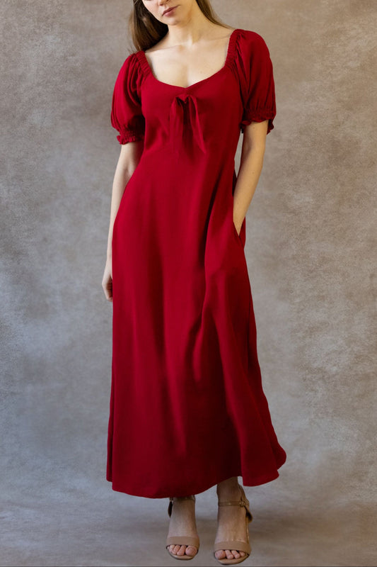 Genevieve Midi Dress Puff Sleeves Front Tie