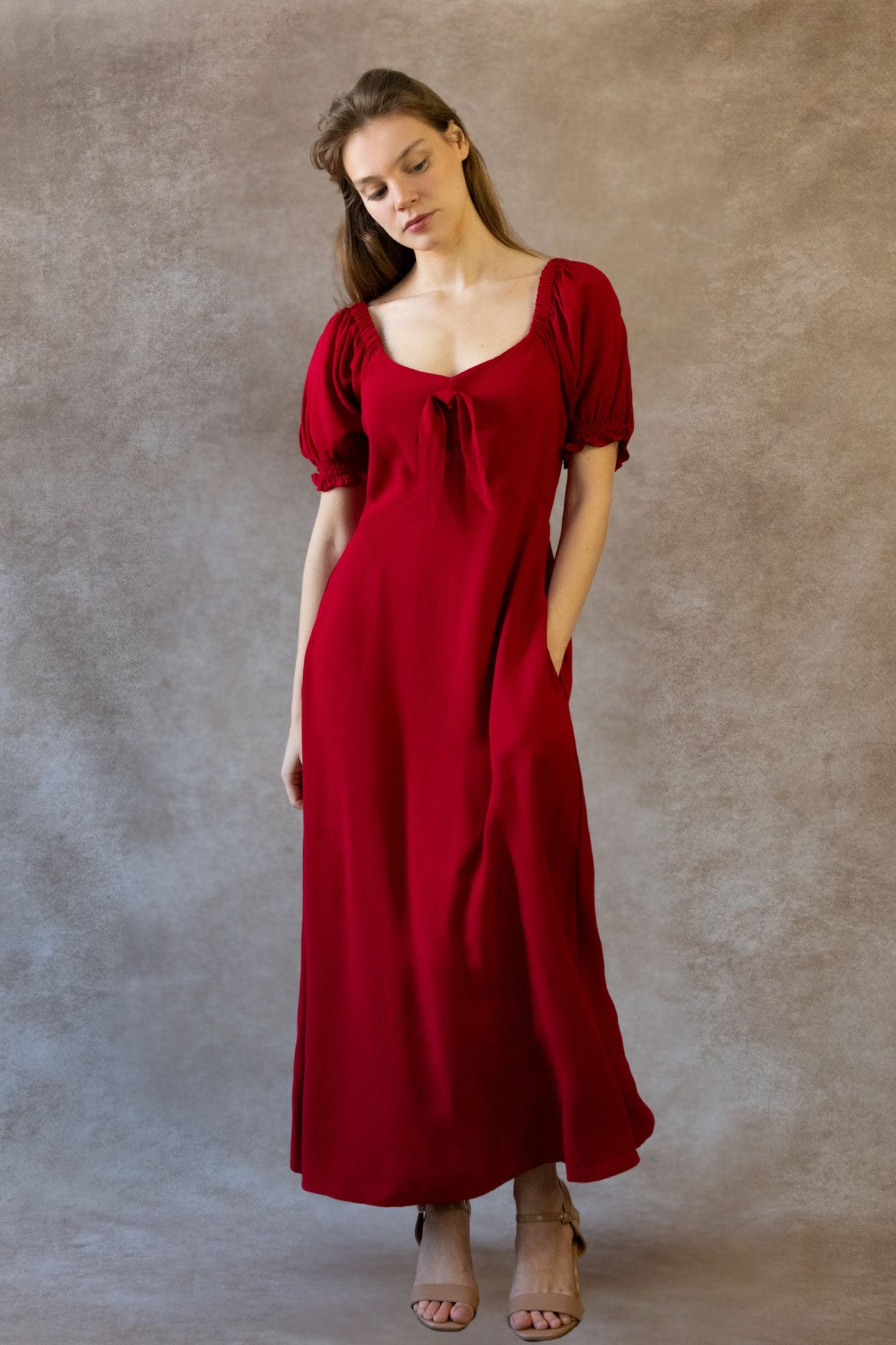 Genevieve Midi Dress Square Neck Fit and Flare Bow Front Retro