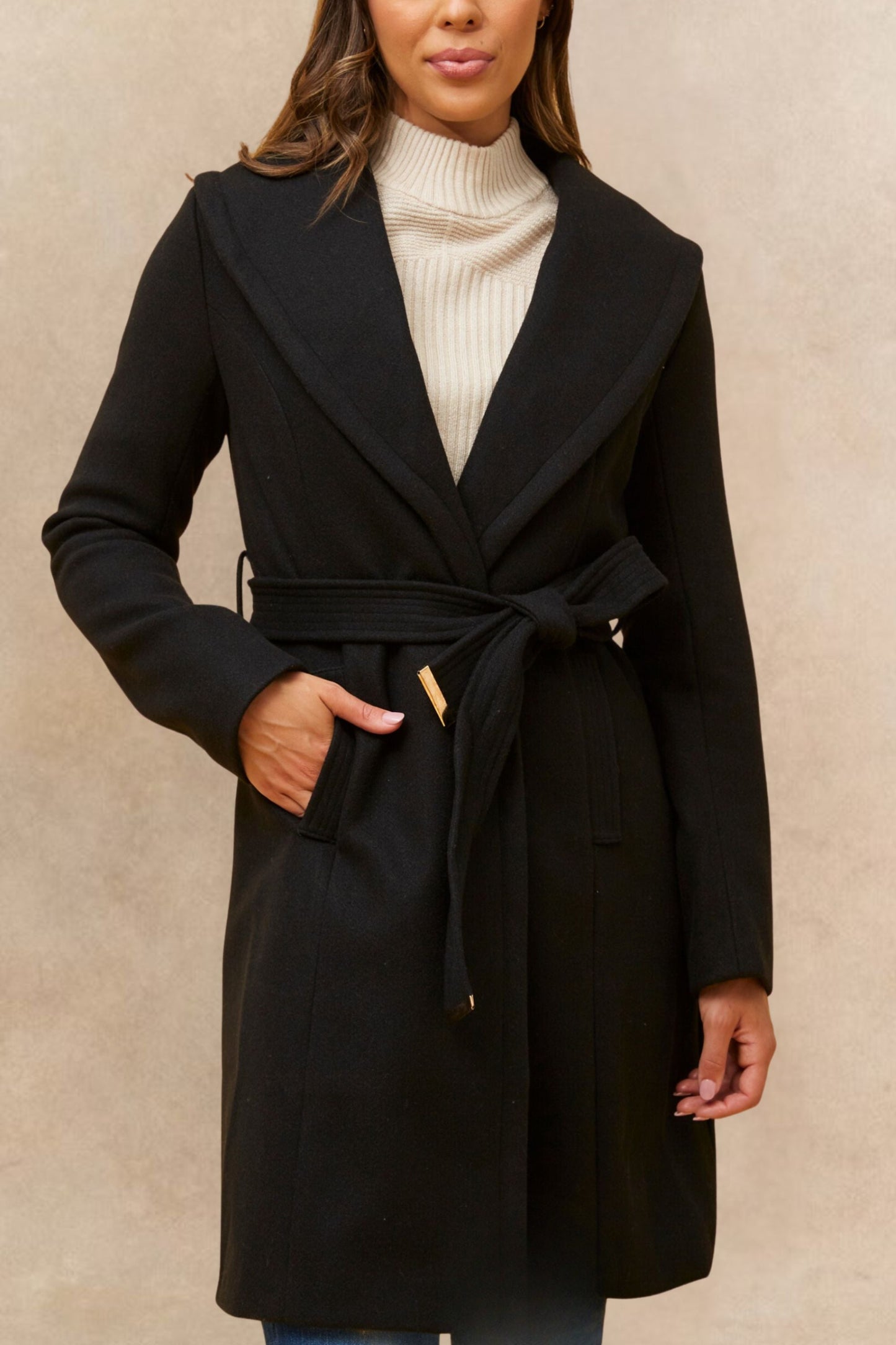 Hazel Black Wrap Coat Shawl Collar Belted With Pockets