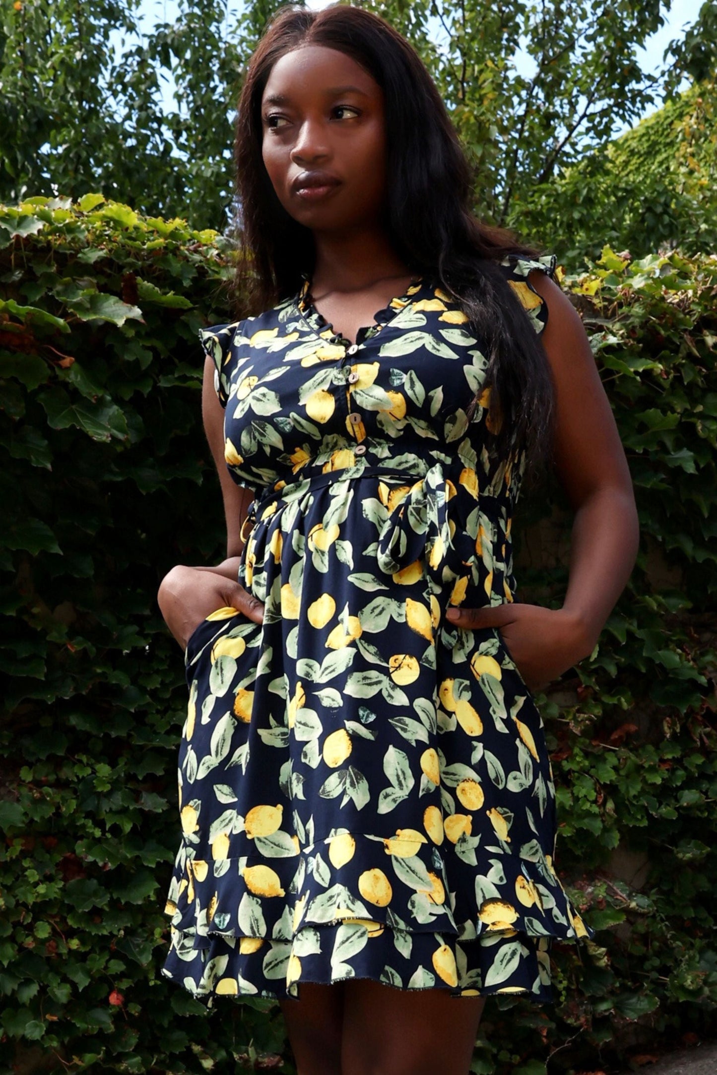 Natasha Lemon Print Short Dress Belt Pockets Ruffled Hem