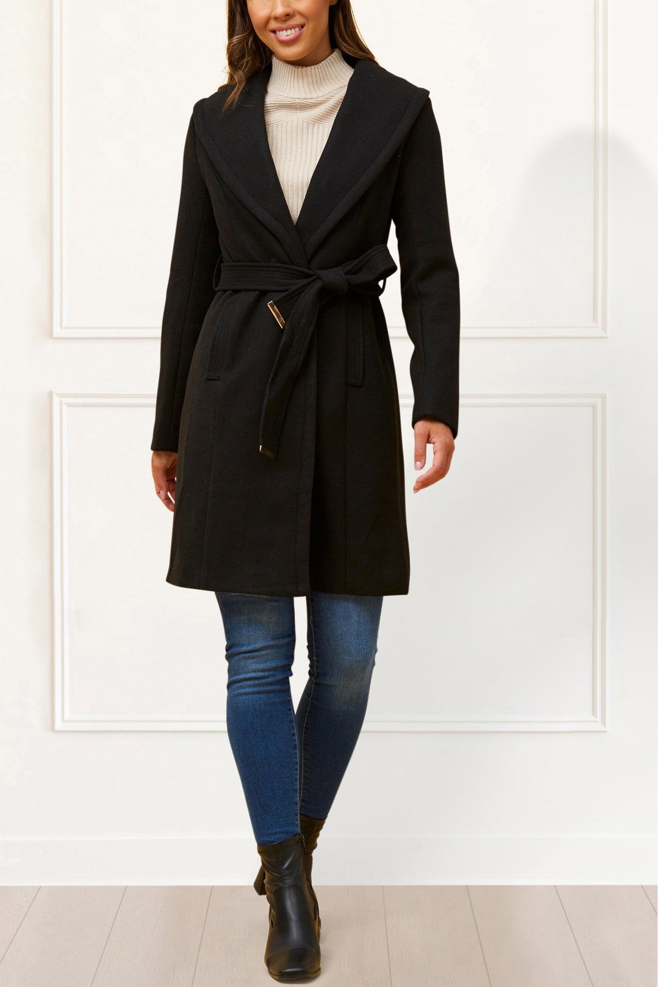Hazel Coat Round Collar Belted Pockets - Onze Montreal Black / XS Annick