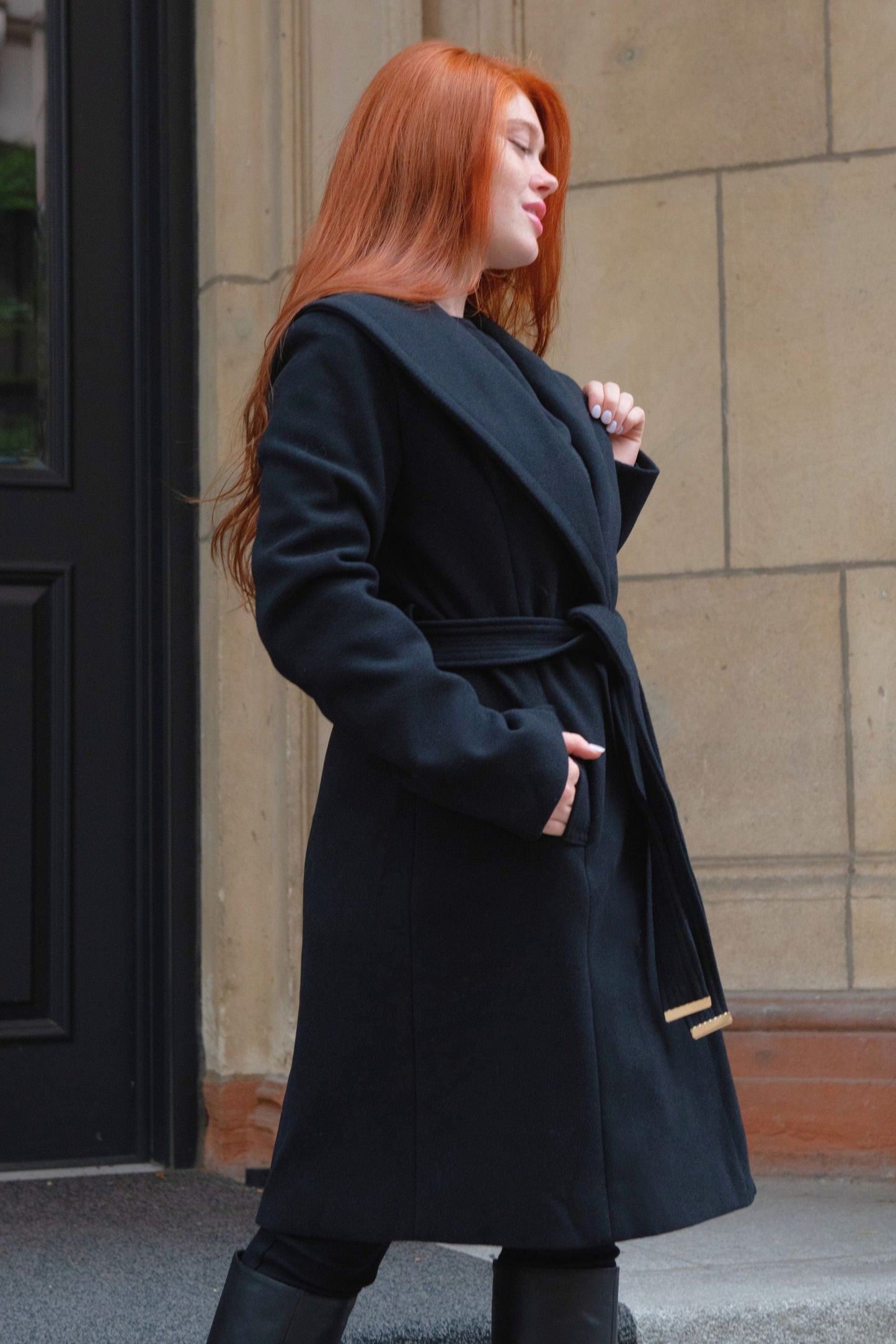 Hazel Black Wrap Coat Shawl Collar Belted With Pockets