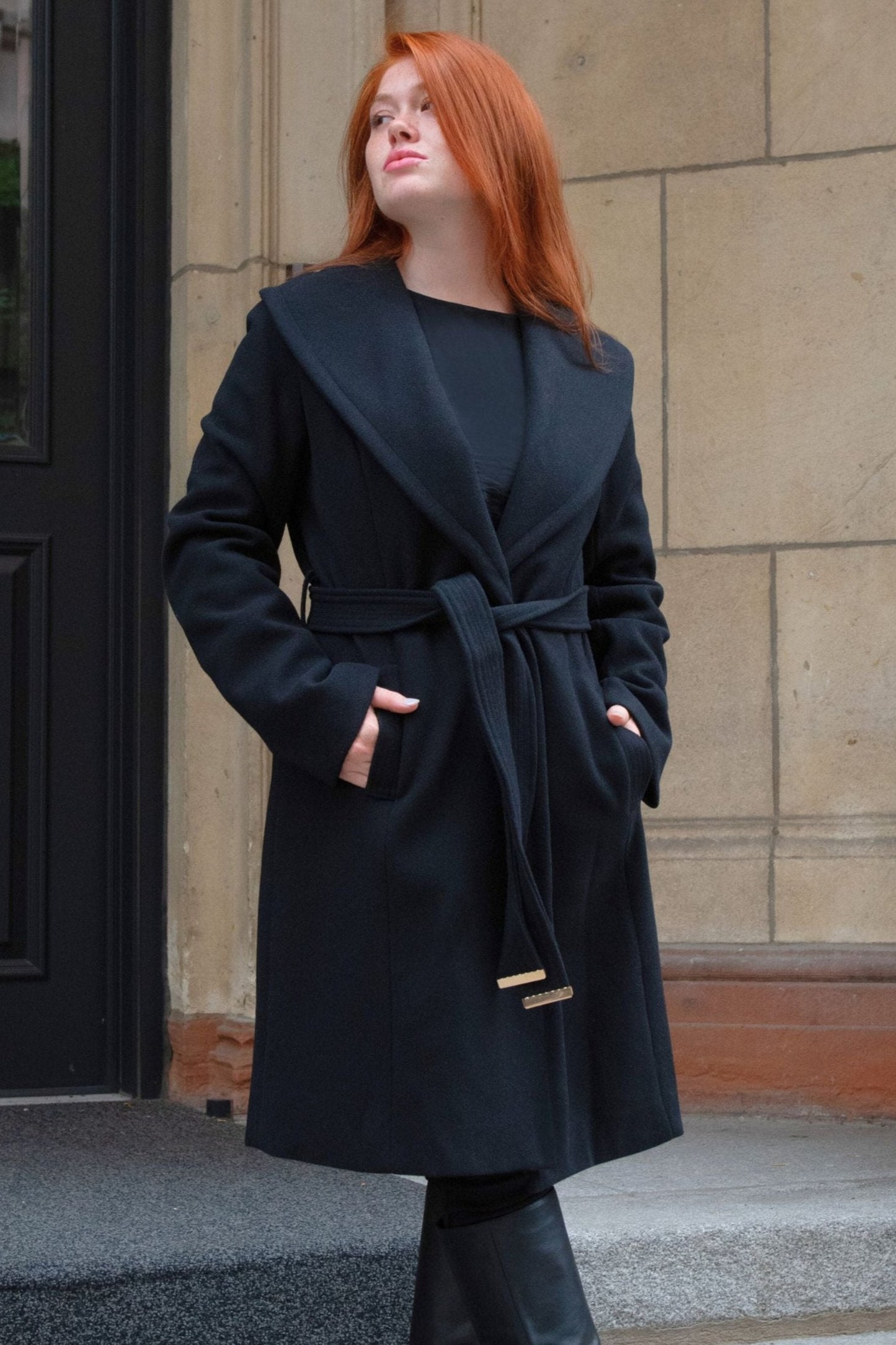 Hazel Black Wrap Coat Shawl Collar Belted With Pockets
