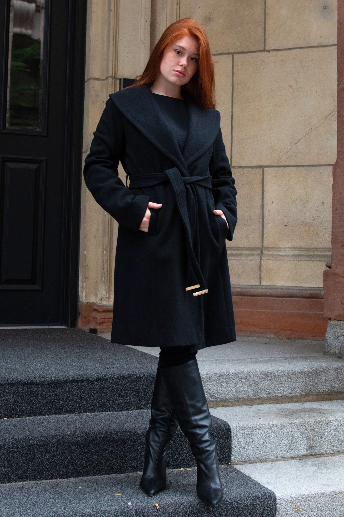Hazel Black Wrap Coat Shawl Collar Belted With Pockets