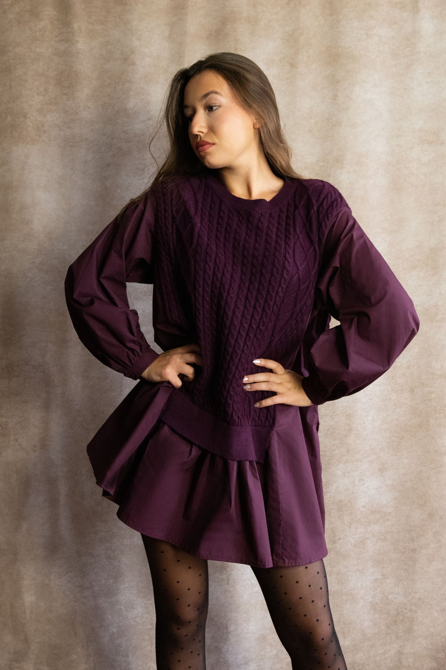 Helga Oversize Faux Layer Tunic Shirt Dress Cable Knit Sweater Trendy