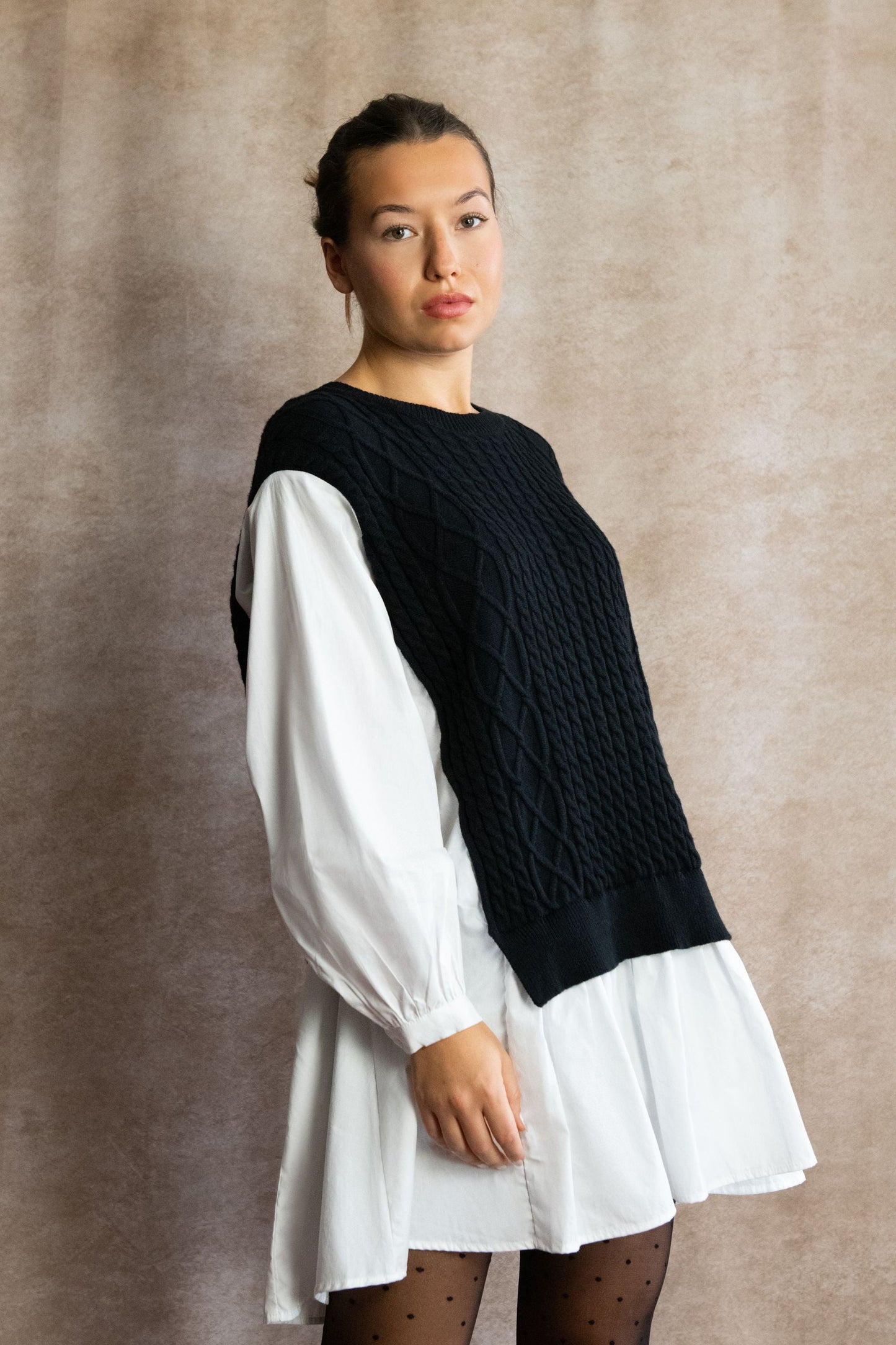 Helga Oversize Faux Layer Tunic Shirt Dress Cable Knit Sweater Trendy