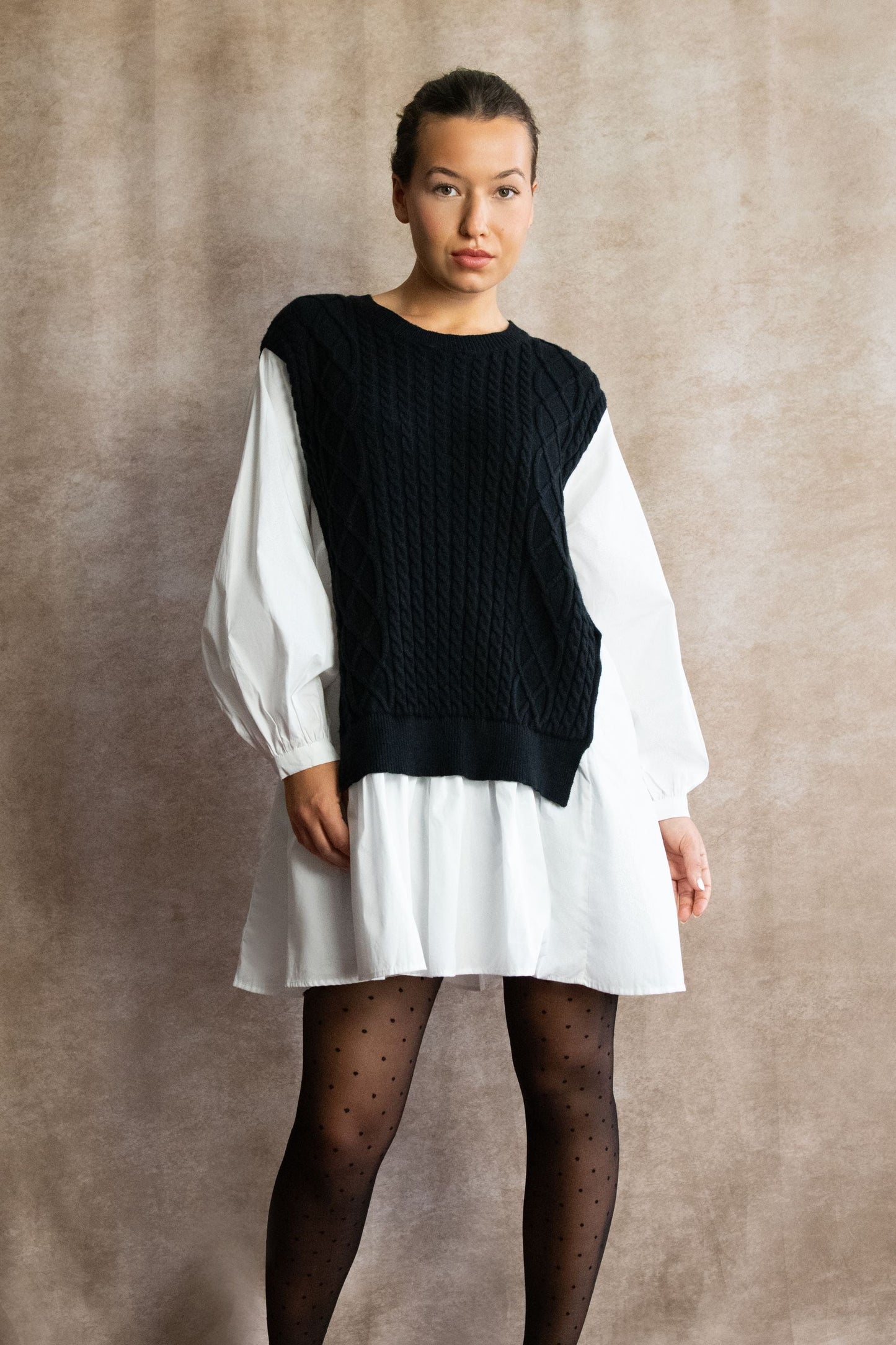 Helga Oversize Faux Layer Tunic Shirt Dress Cable Knit Sweater Trendy