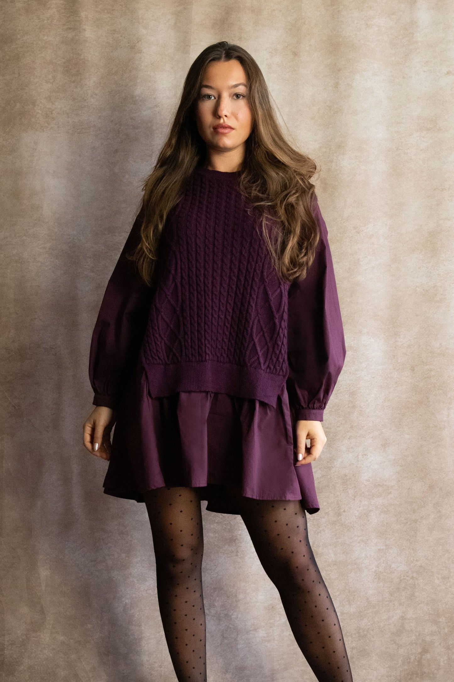 Helga Oversize Faux Layer Tunic Shirt Dress Cable Knit Sweater Trendy