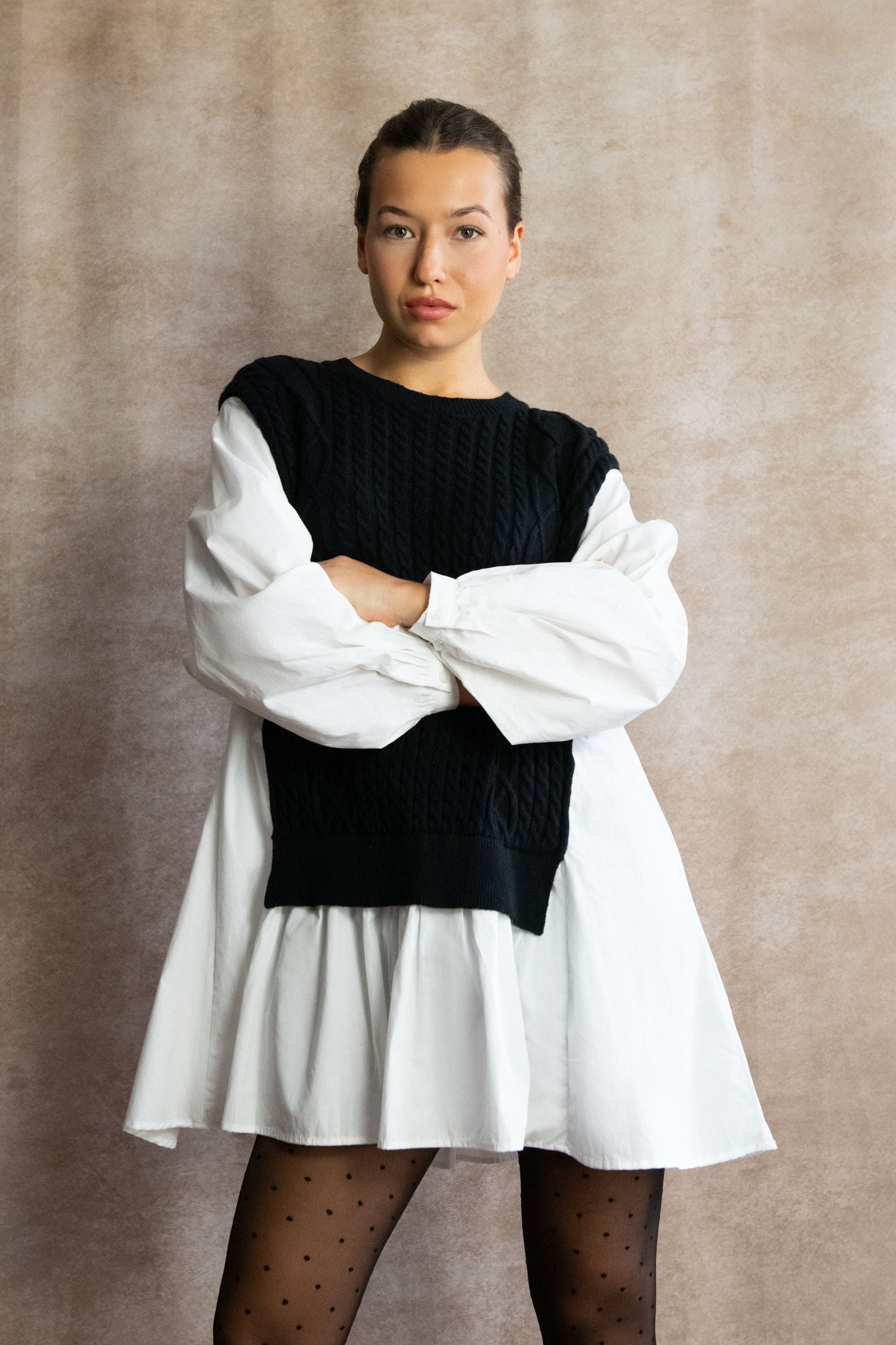 Helga Oversize Faux Layer Tunic Shirt Dress Cable Knit Sweater Trendy