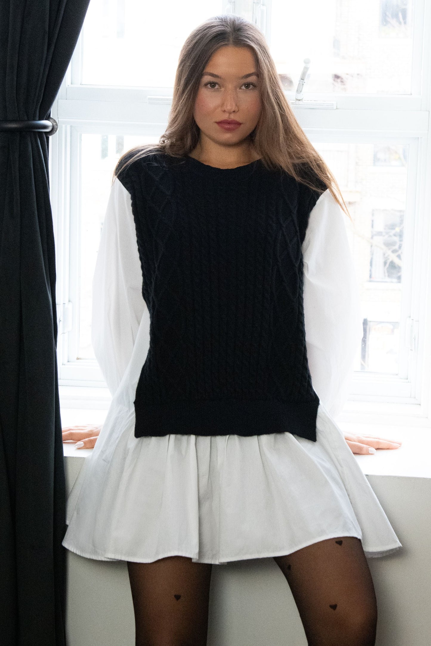 Helga Oversize Faux Layer Tunic Shirt Dress Cable Knit Sweater Trendy