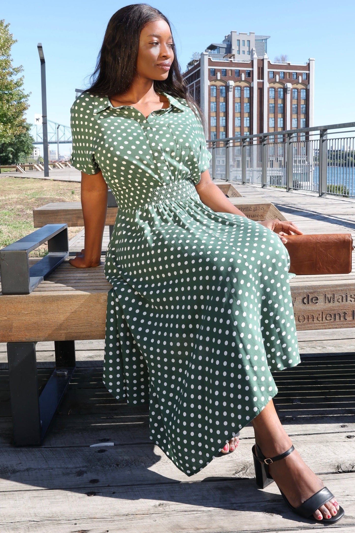 Jacqueline Polka Dot Shirred Midi Dress