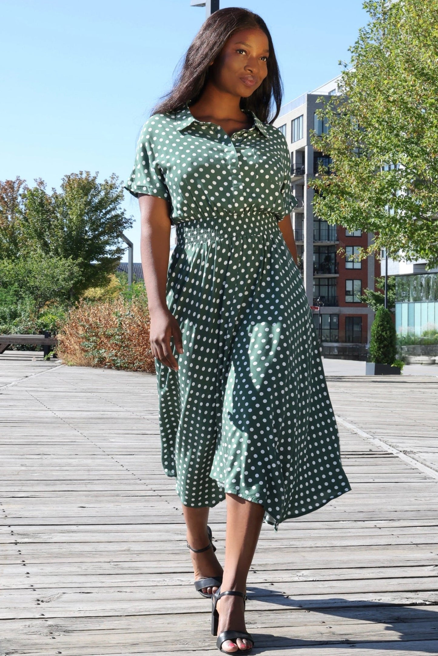 Jacqueline Polka Dot Shirred Midi Dress