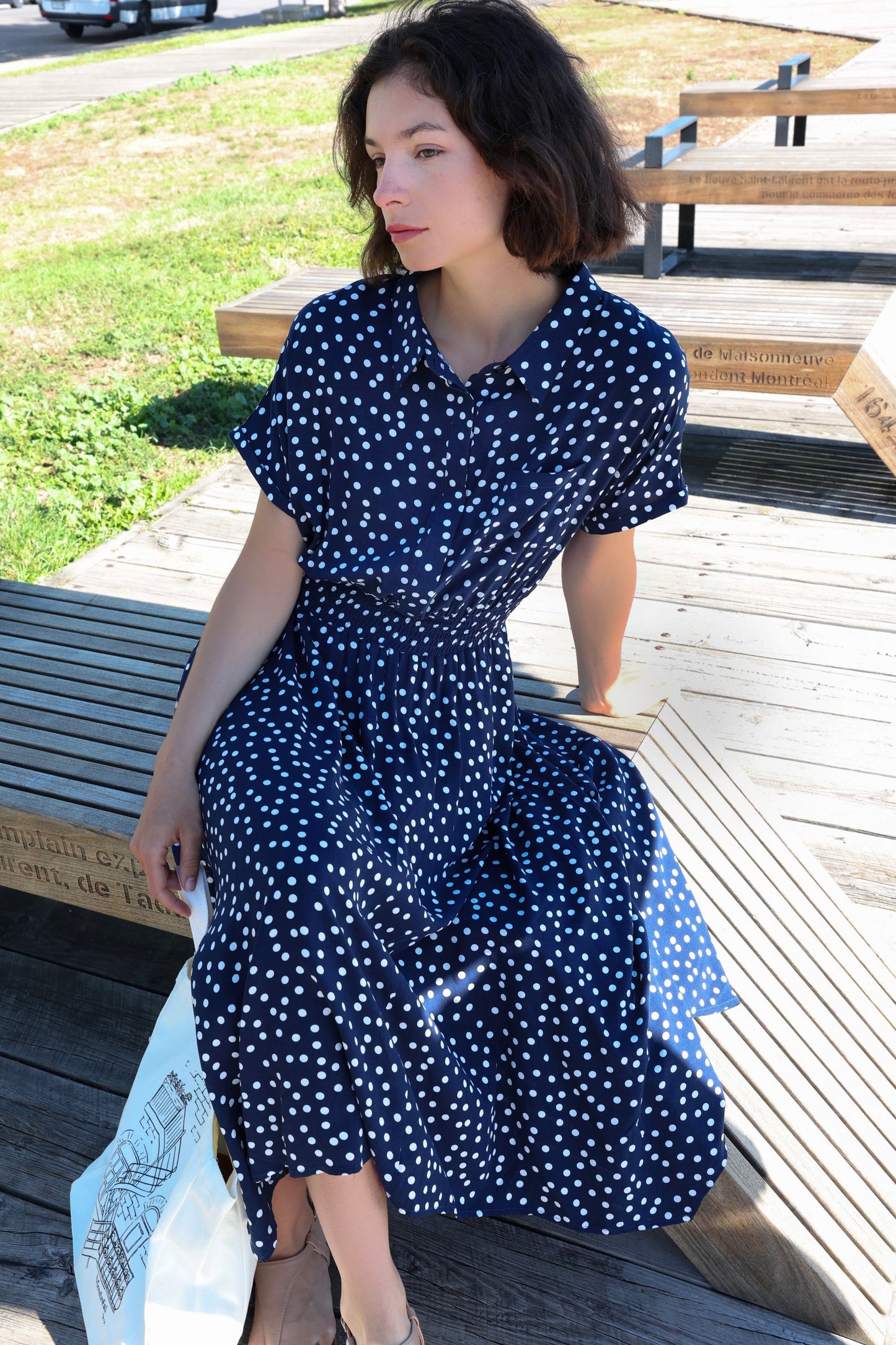 Jacqueline Polka Dot Shirred Midi Dress