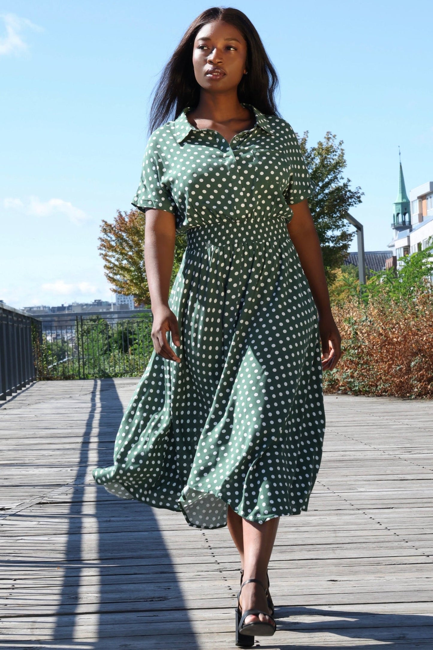Jacqueline Polka Dot Shirred Midi Dress